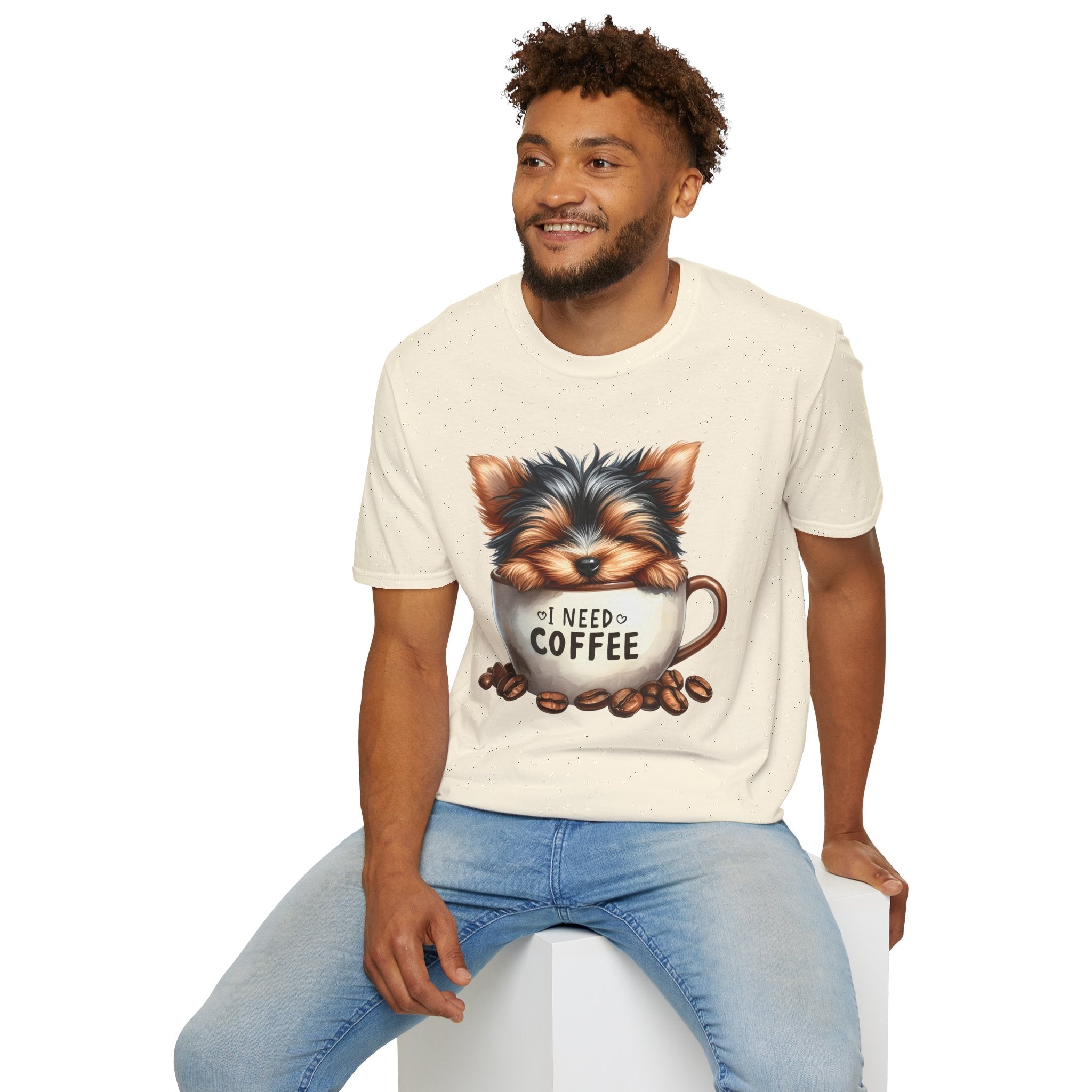 Cute Yorkie in Coffee Cup T-Shirt | I Need Coffee Puppy Graphic Tee