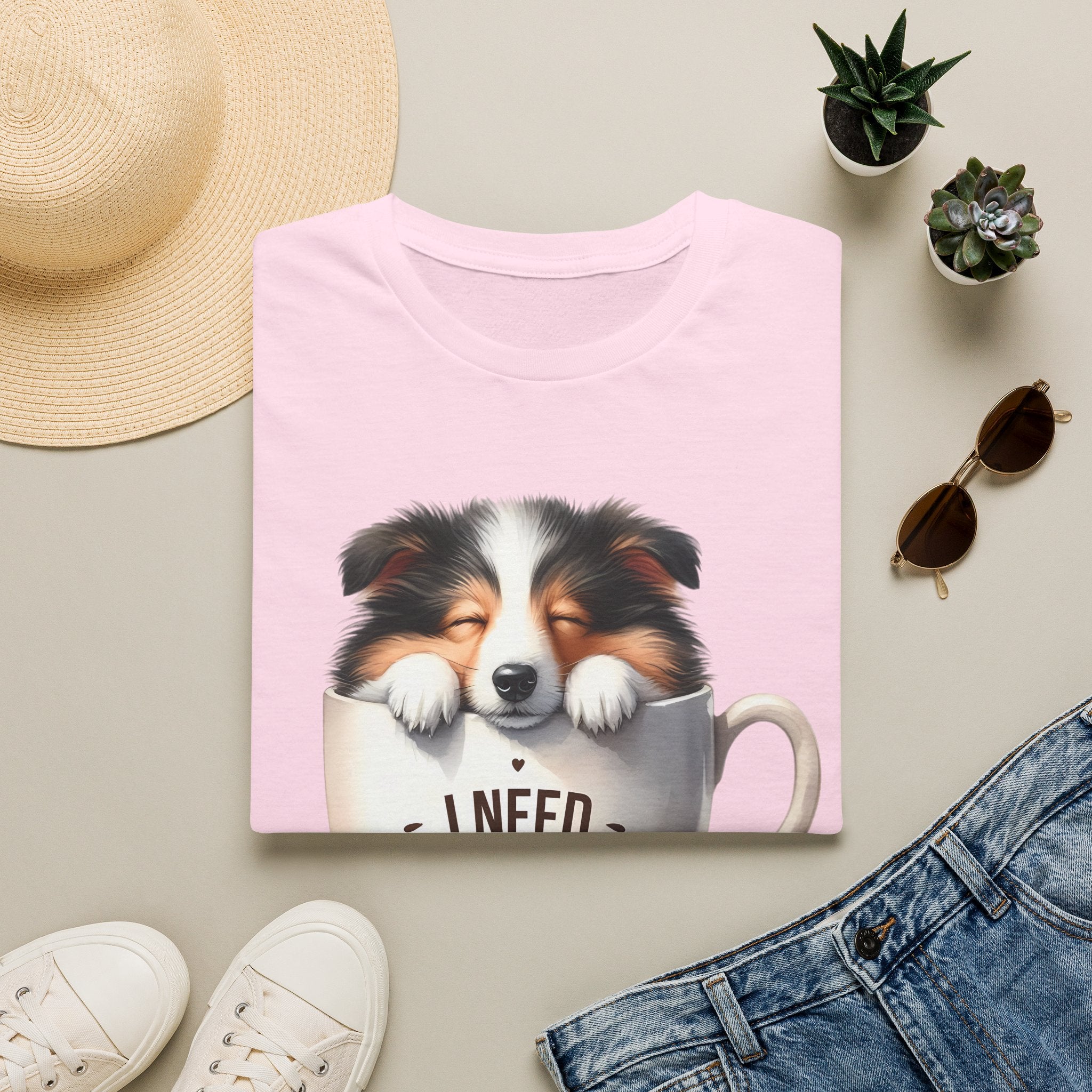I Need Coffee Dog T-Shirt | Coffee Cup, Shetland Sheepdog Illustration