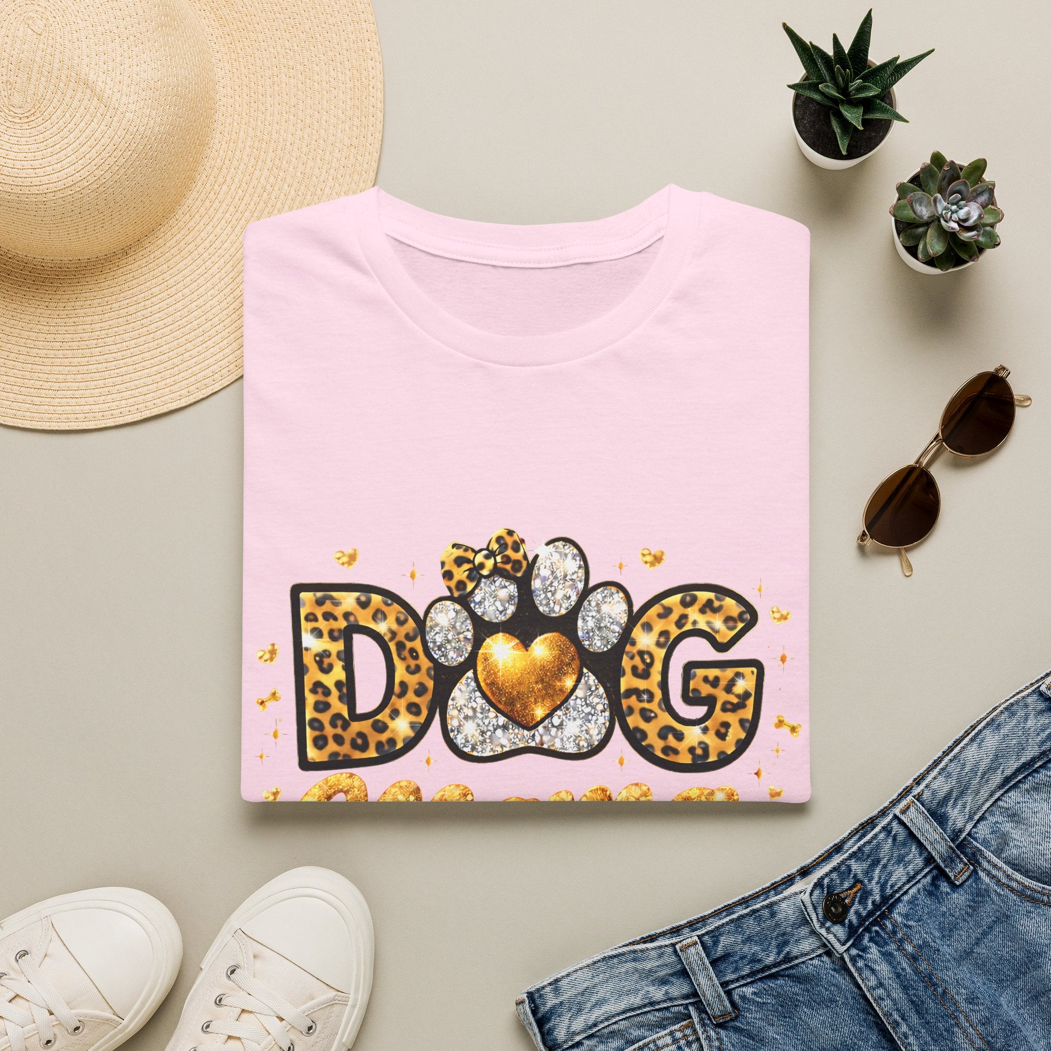 Dog Mama T-Shirt | Leopard Heart Paw Print, Gold Glitter Script