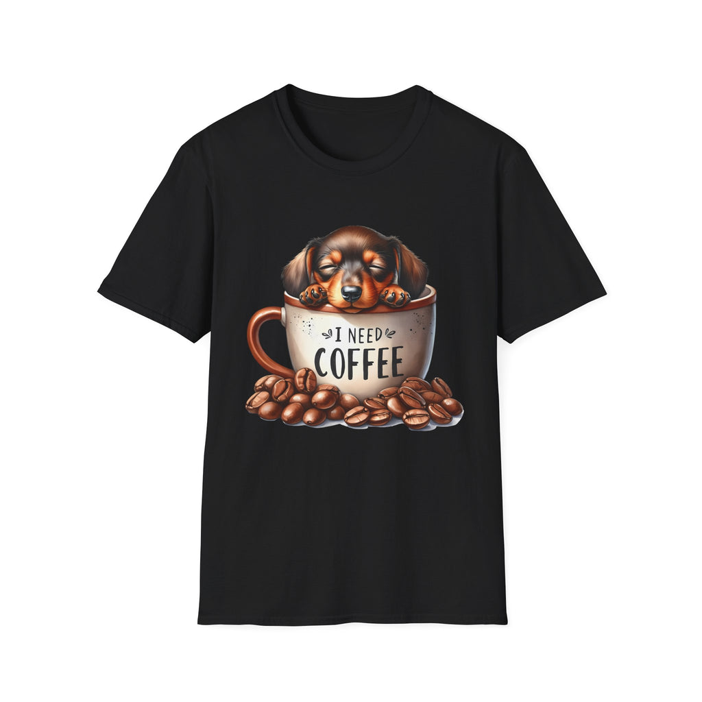 Sleepy Dachshund in Coffee Cup T-Shirt | I Need Coffee, Coffee Beans