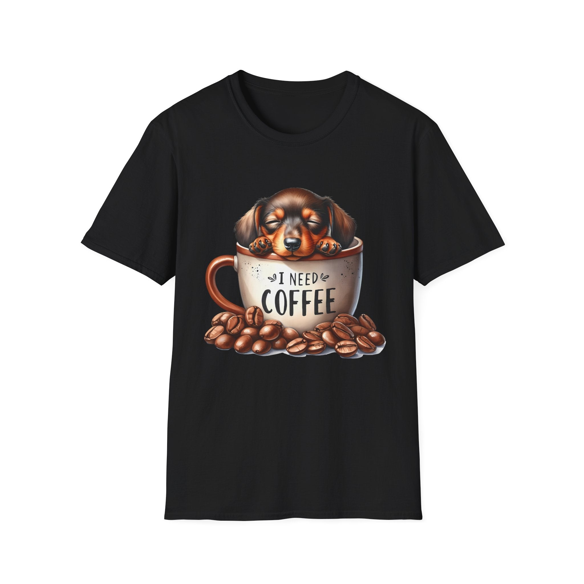 Sleepy Dachshund in Coffee Cup T-Shirt | I Need Coffee, Coffee Beans