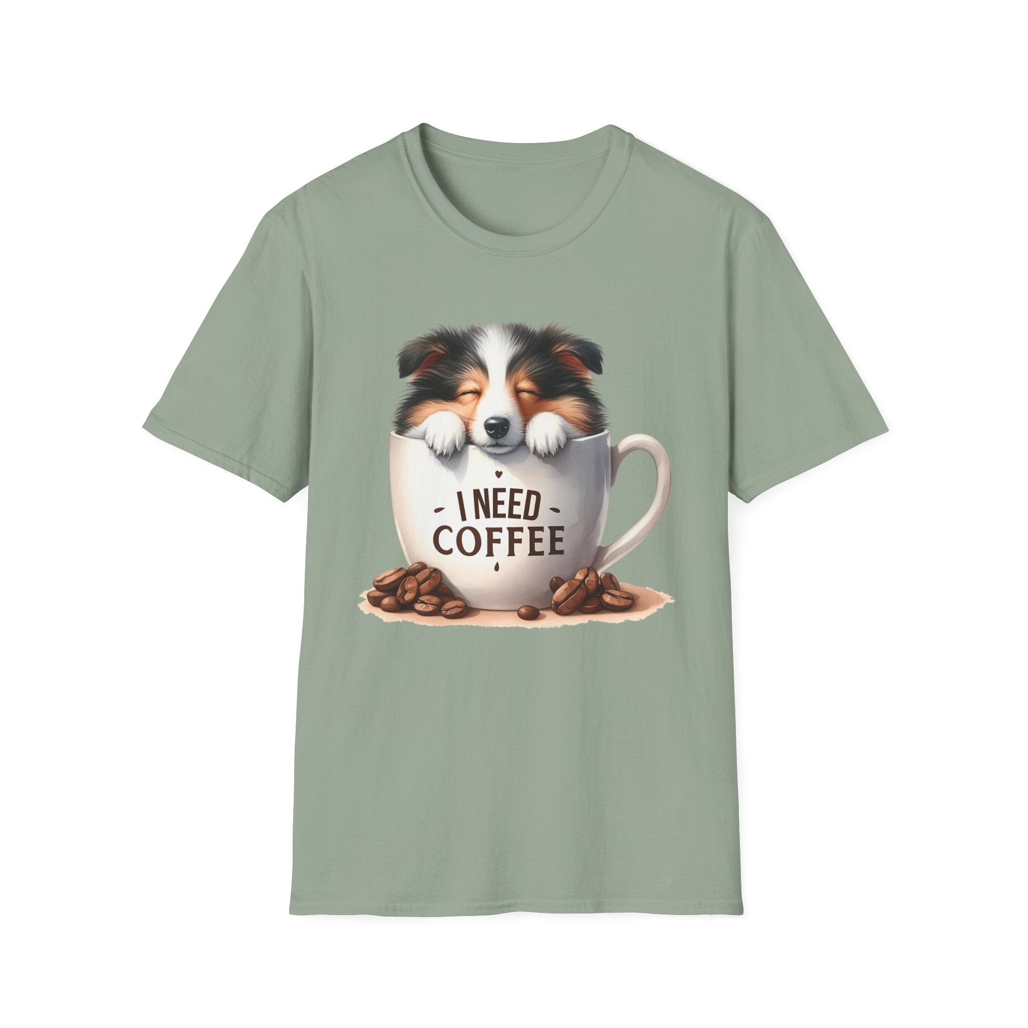 I Need Coffee Dog T-Shirt | Coffee Cup, Shetland Sheepdog Illustration