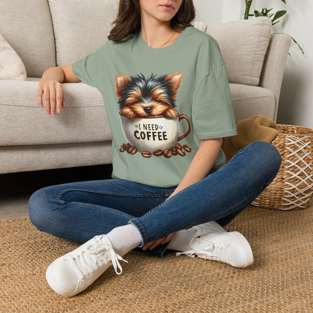 Cute Yorkie in Coffee Cup T-Shirt | I Need Coffee Puppy Graphic Tee