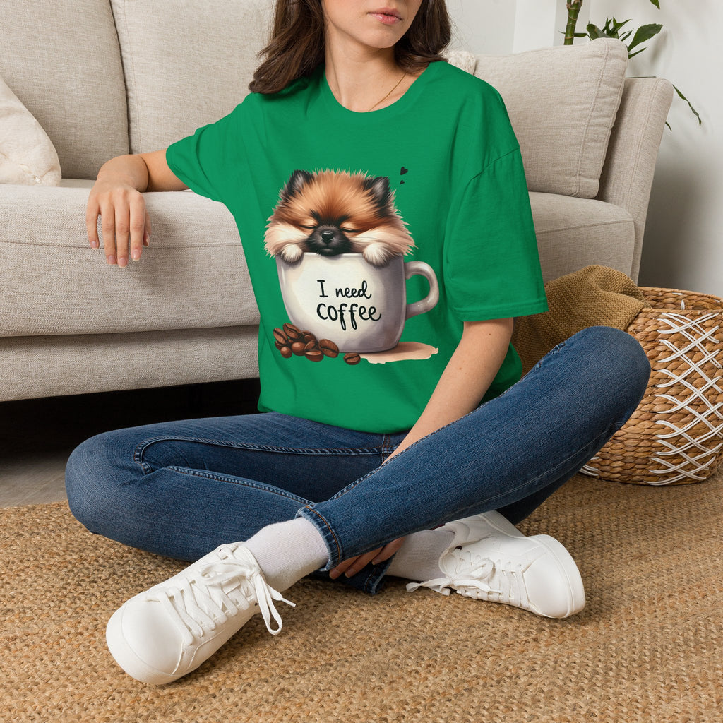 Cute Pomeranian in Coffee Mug T-Shirt | I Need Coffee, Dog Coffee Tee
