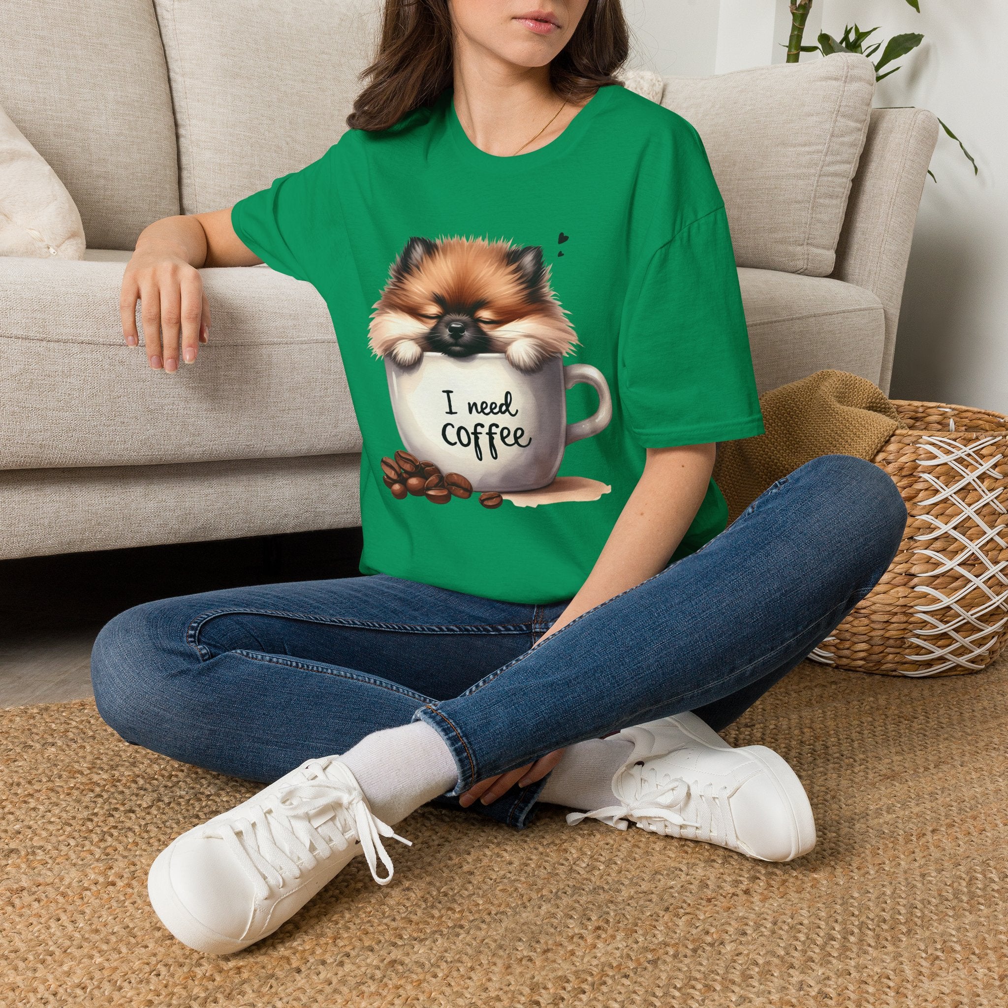 Cute Pomeranian in Coffee Mug T-Shirt | I Need Coffee, Dog Coffee Tee