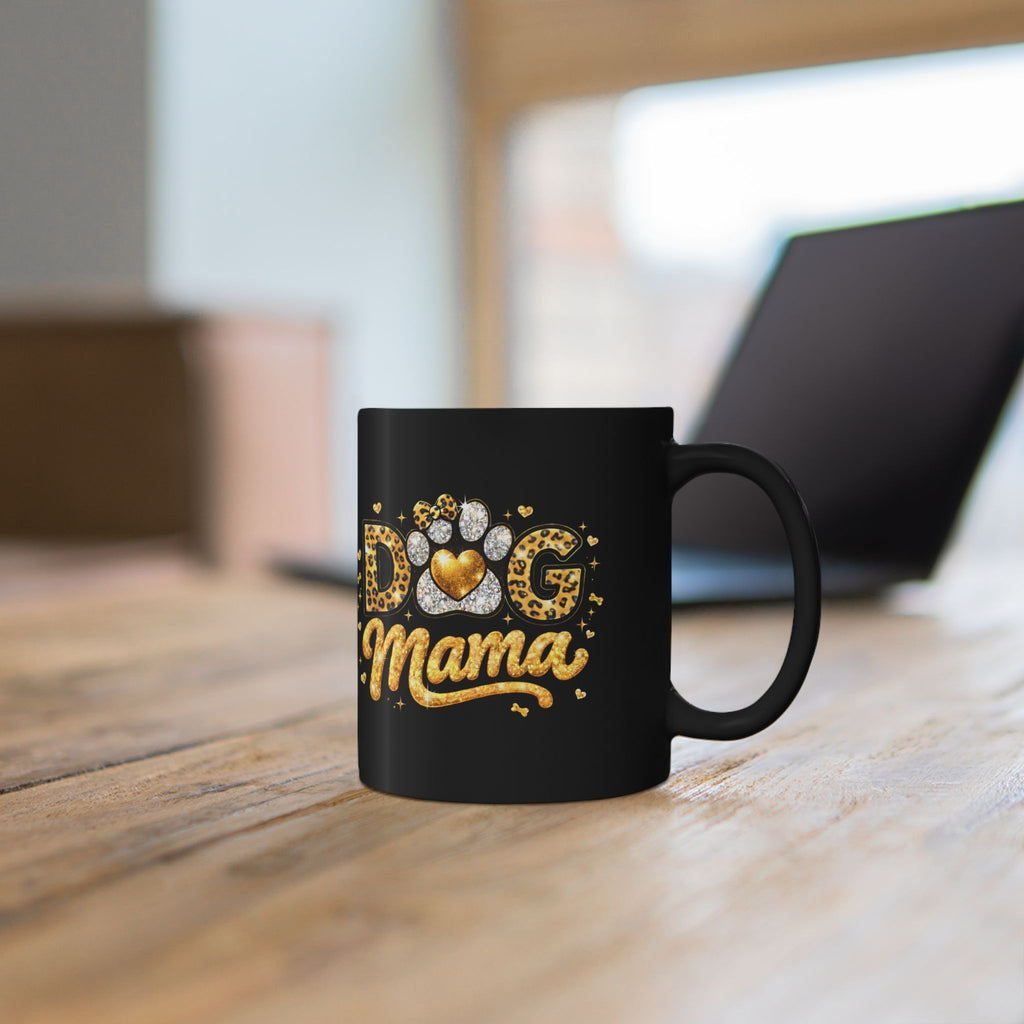Dog Mama Black Mug | Paw Print Leopard Heart Design