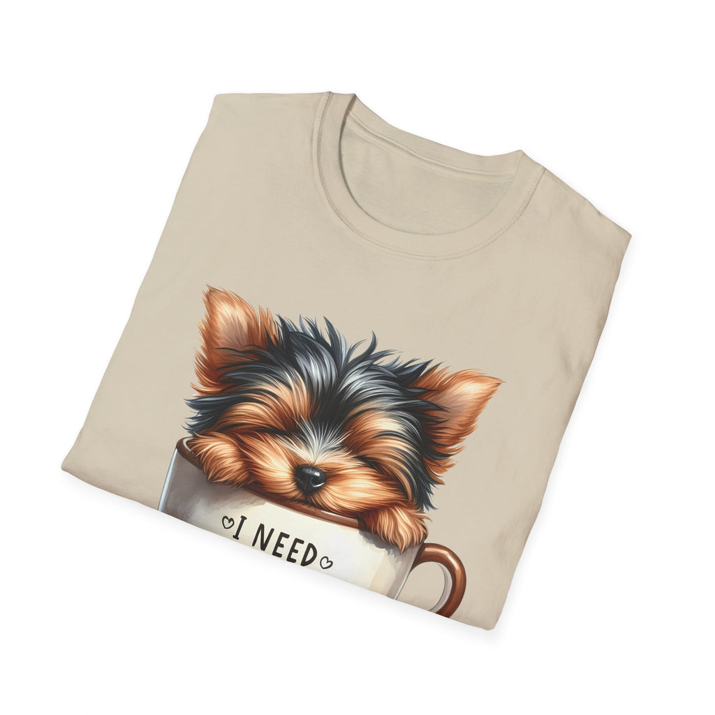 Cute Yorkie in Coffee Cup T-Shirt | I Need Coffee Puppy Graphic Tee