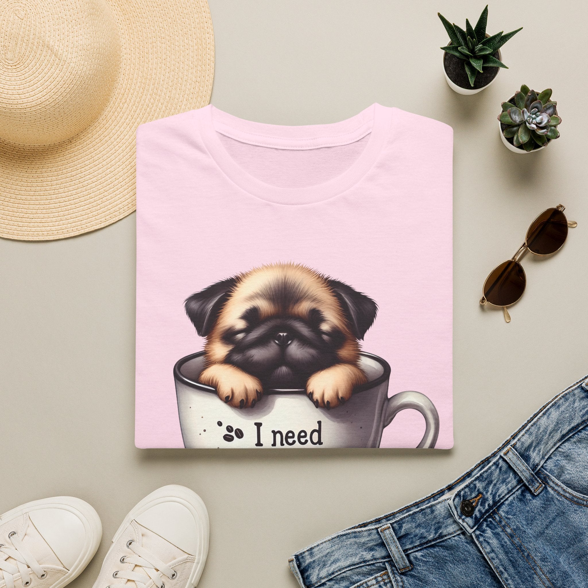 Puppy in Coffee Cup I Need Coffee T-Shirt | Cute Pug Coffee Tee