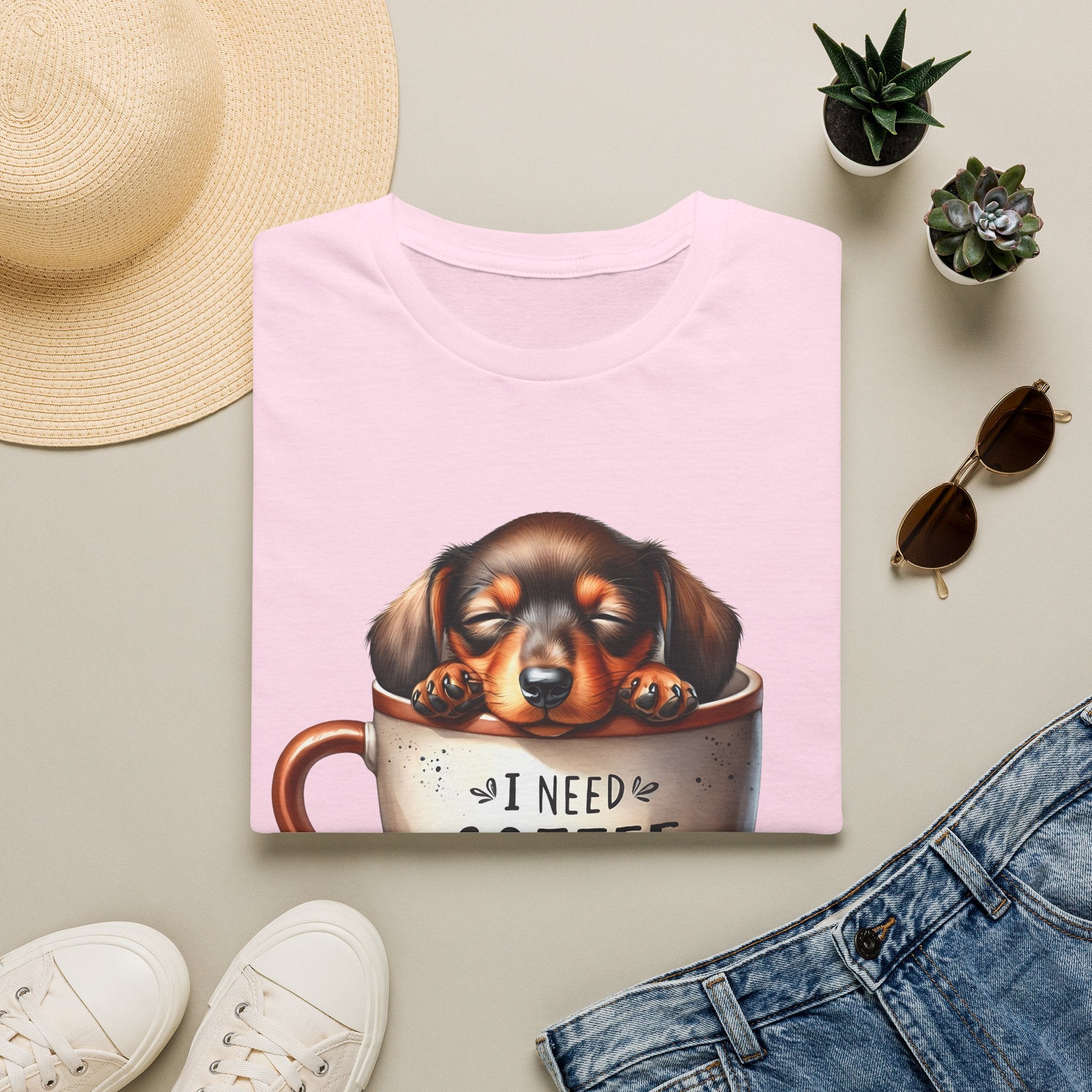 Sleepy Dachshund in Coffee Cup T-Shirt | I Need Coffee, Coffee Beans
