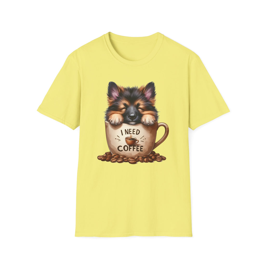 German Shepherd Puppy I Need Coffee T-Shirt | Cute Dog Coffee Design