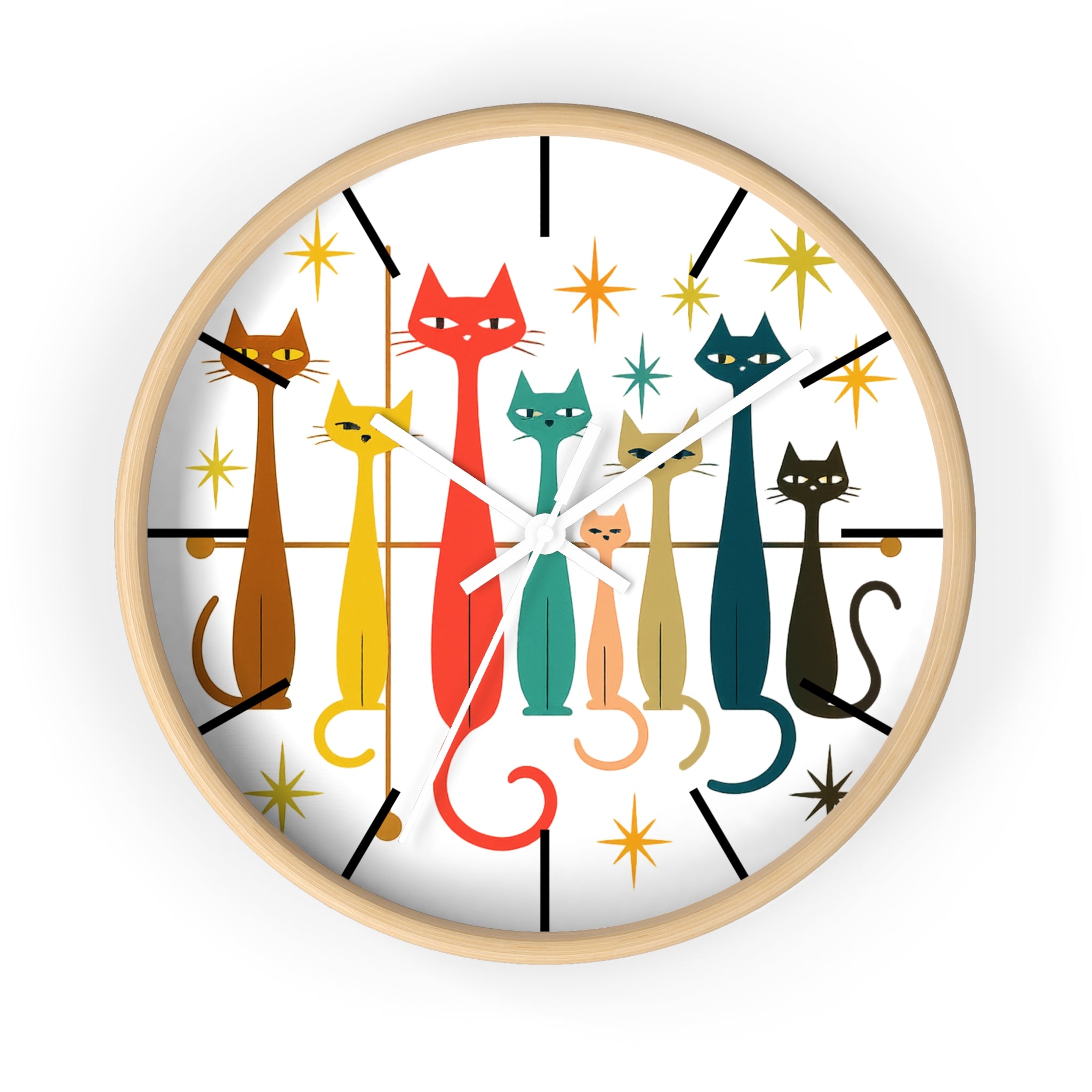 Retro Mid Century Modern Cats Wall Clock | Atomic Starburst Cat Design