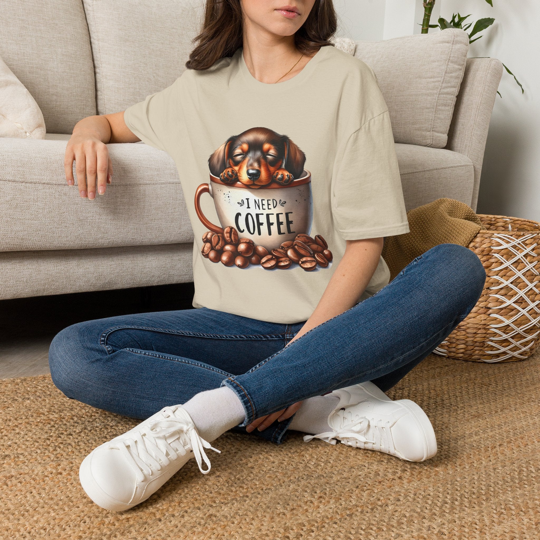 Sleepy Dachshund in Coffee Cup T-Shirt | I Need Coffee, Coffee Beans