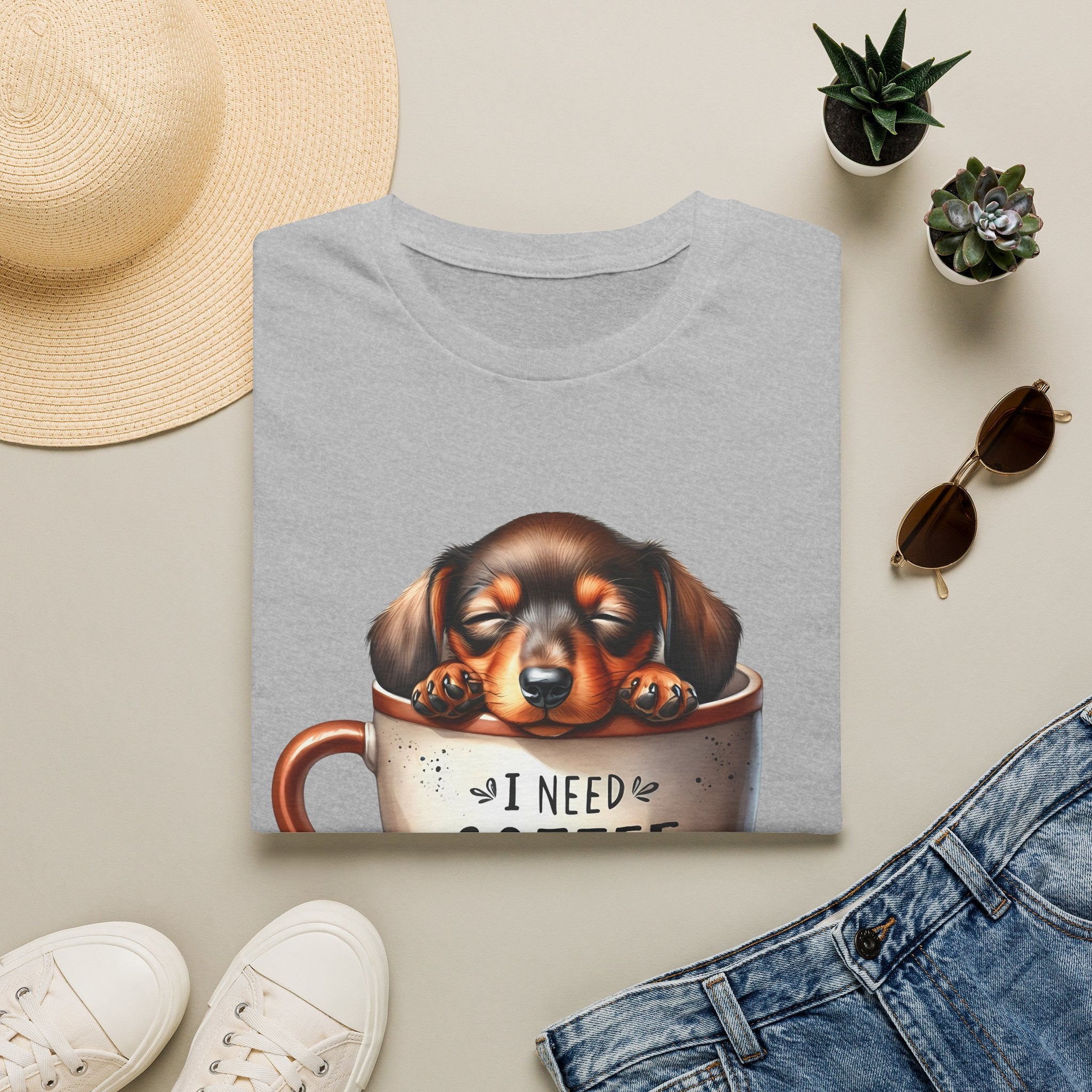Sleepy Dachshund in Coffee Cup T-Shirt | I Need Coffee, Coffee Beans