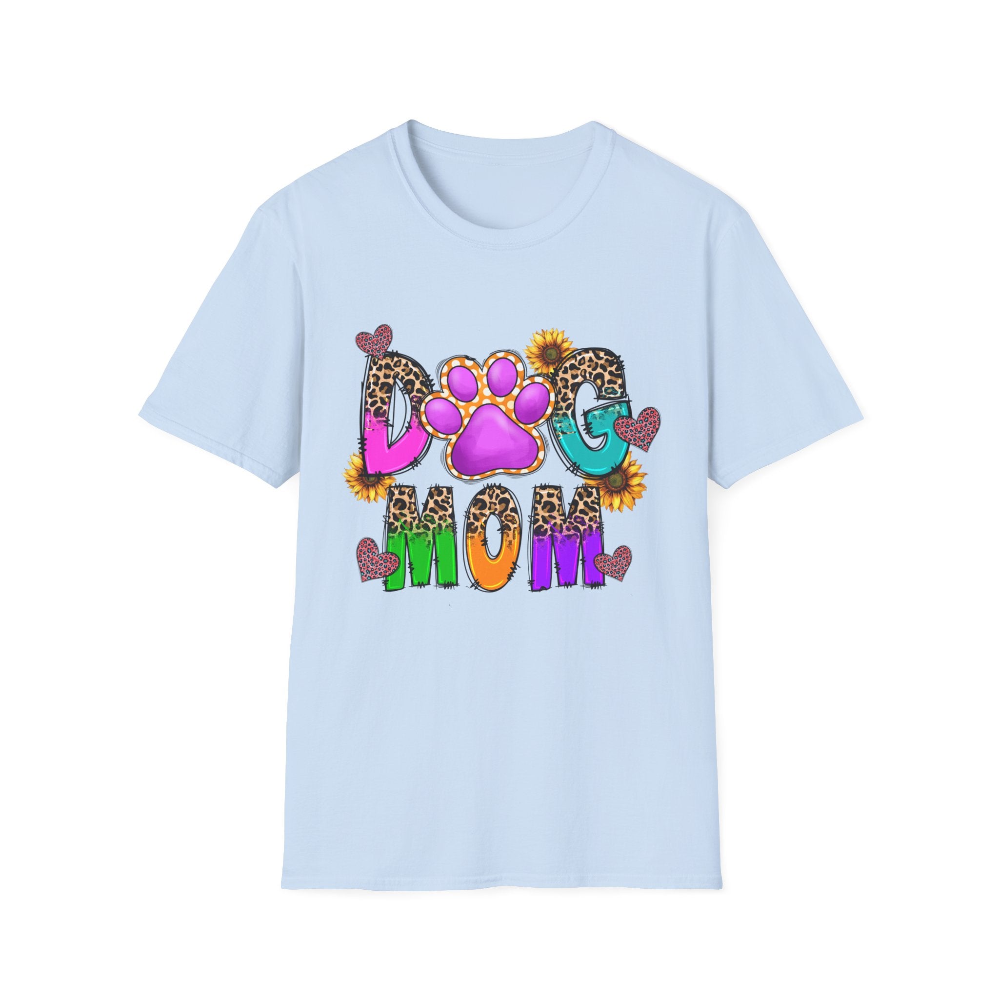 Dog Mom colorful paw print design T-Shirt | leopard hearts sunflower accents