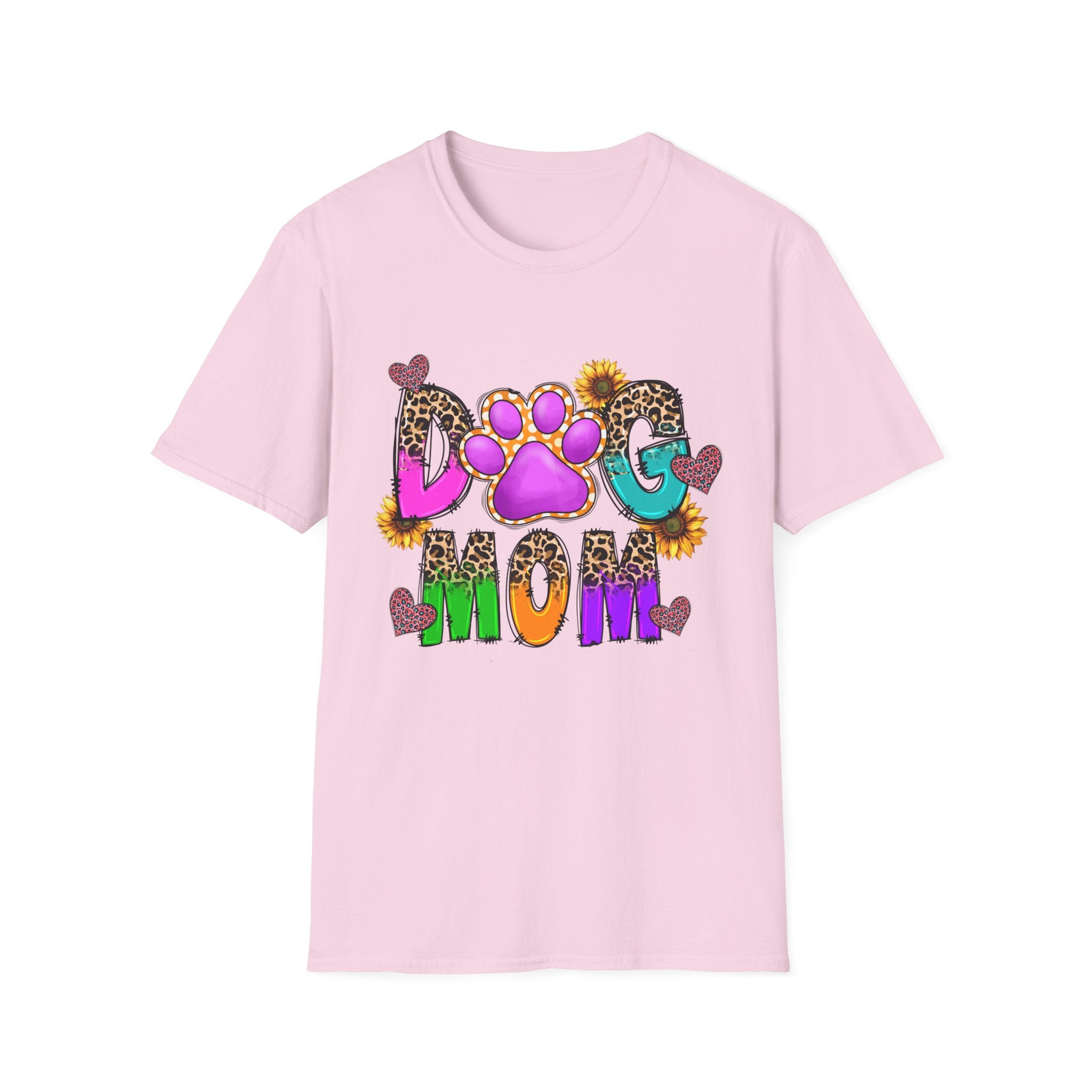 Dog Mom colorful paw print design T-Shirt | leopard hearts sunflower accents