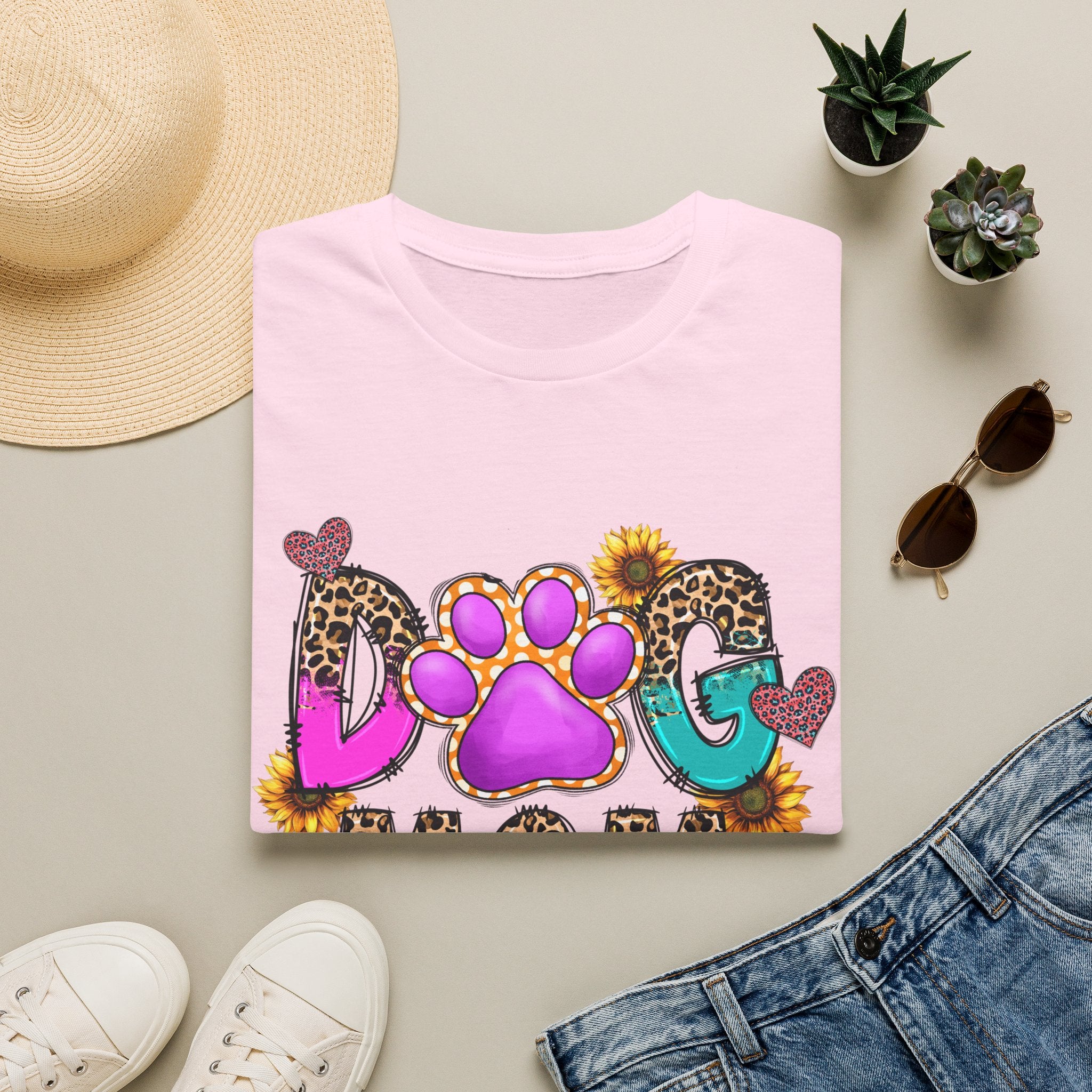 Dog Mom colorful paw print design T-Shirt | leopard hearts sunflower accents