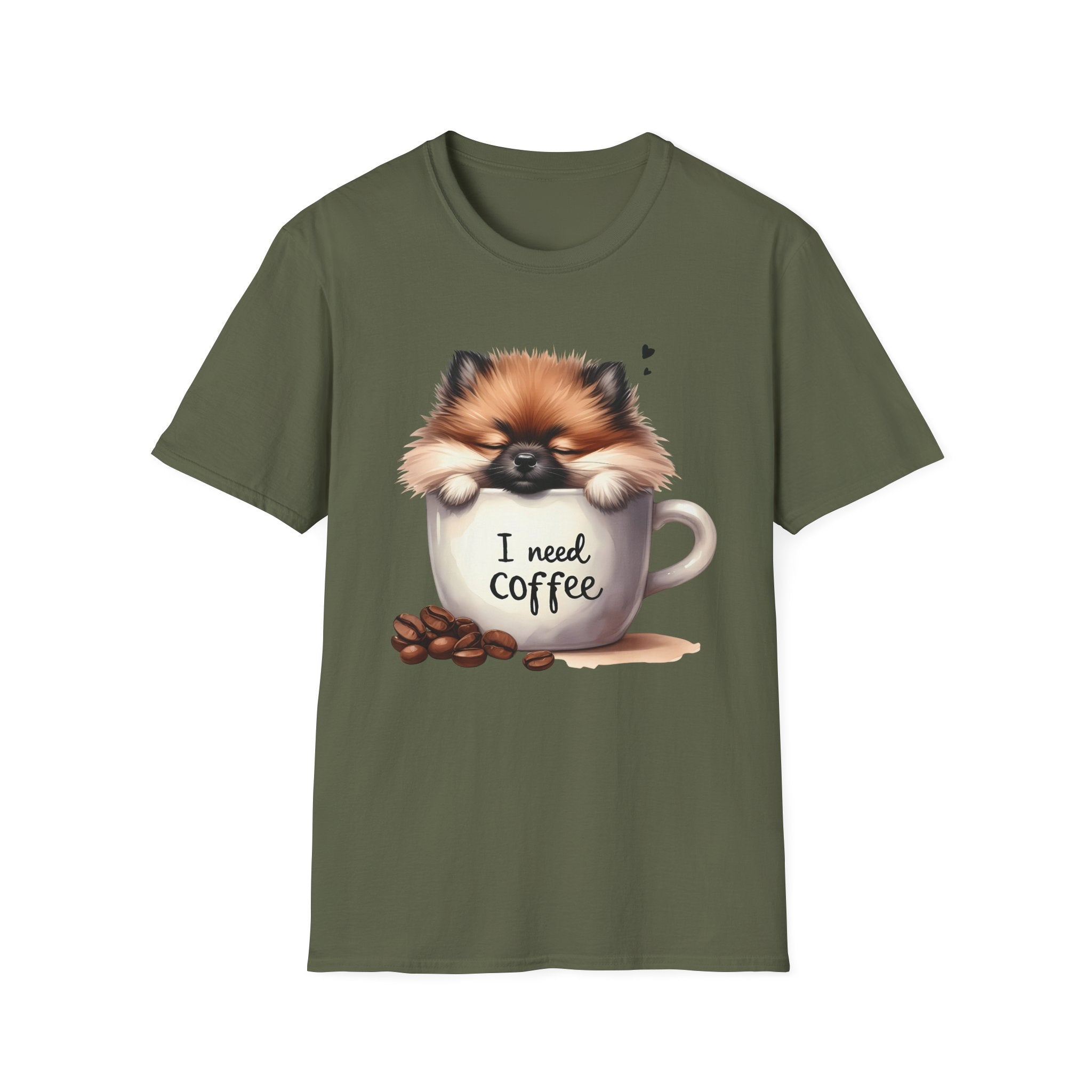 Cute Pomeranian in Coffee Mug T-Shirt | I Need Coffee, Dog Coffee Tee