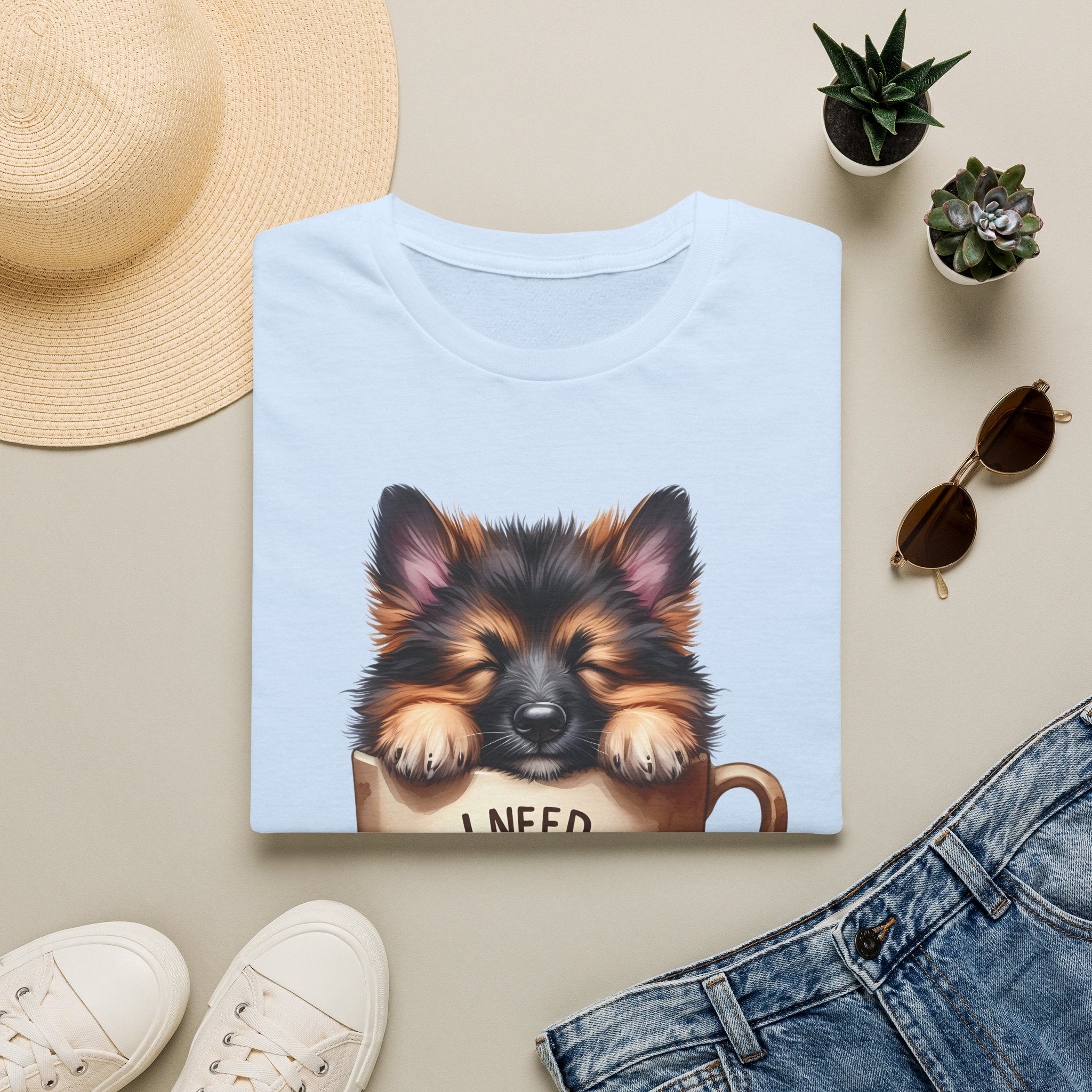 German Shepherd Puppy I Need Coffee T-Shirt | Cute Dog Coffee Design
