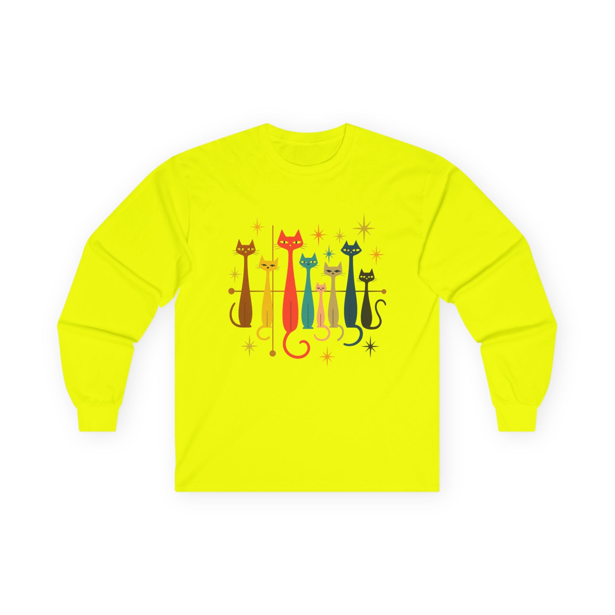 Retro Colorful Cats 1950s 1960s Long Sleeve Tee | Mid-Century Modern Kitty Illustration
