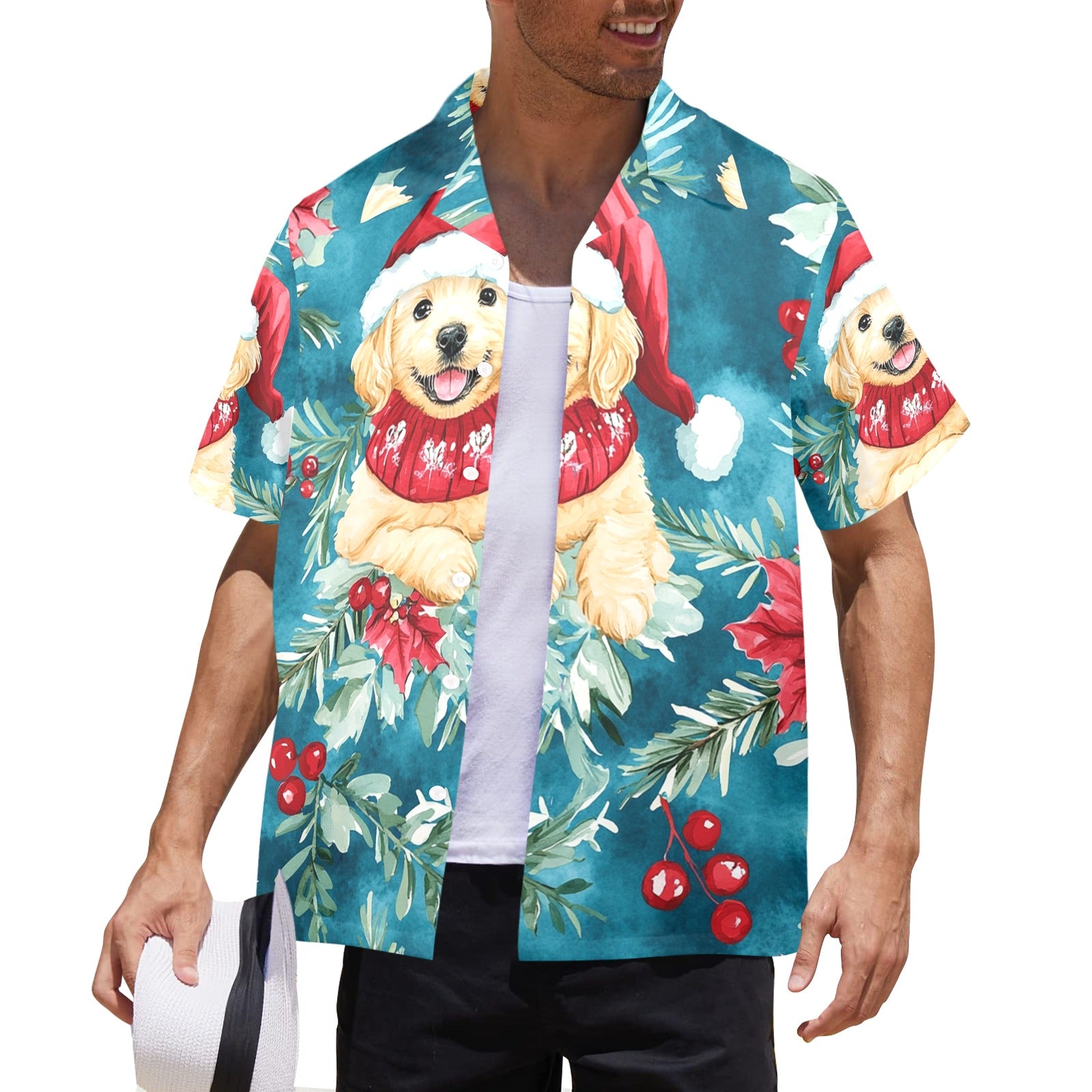 Men's All Over Print Puppy Dog Christmas Shirt Made In USA