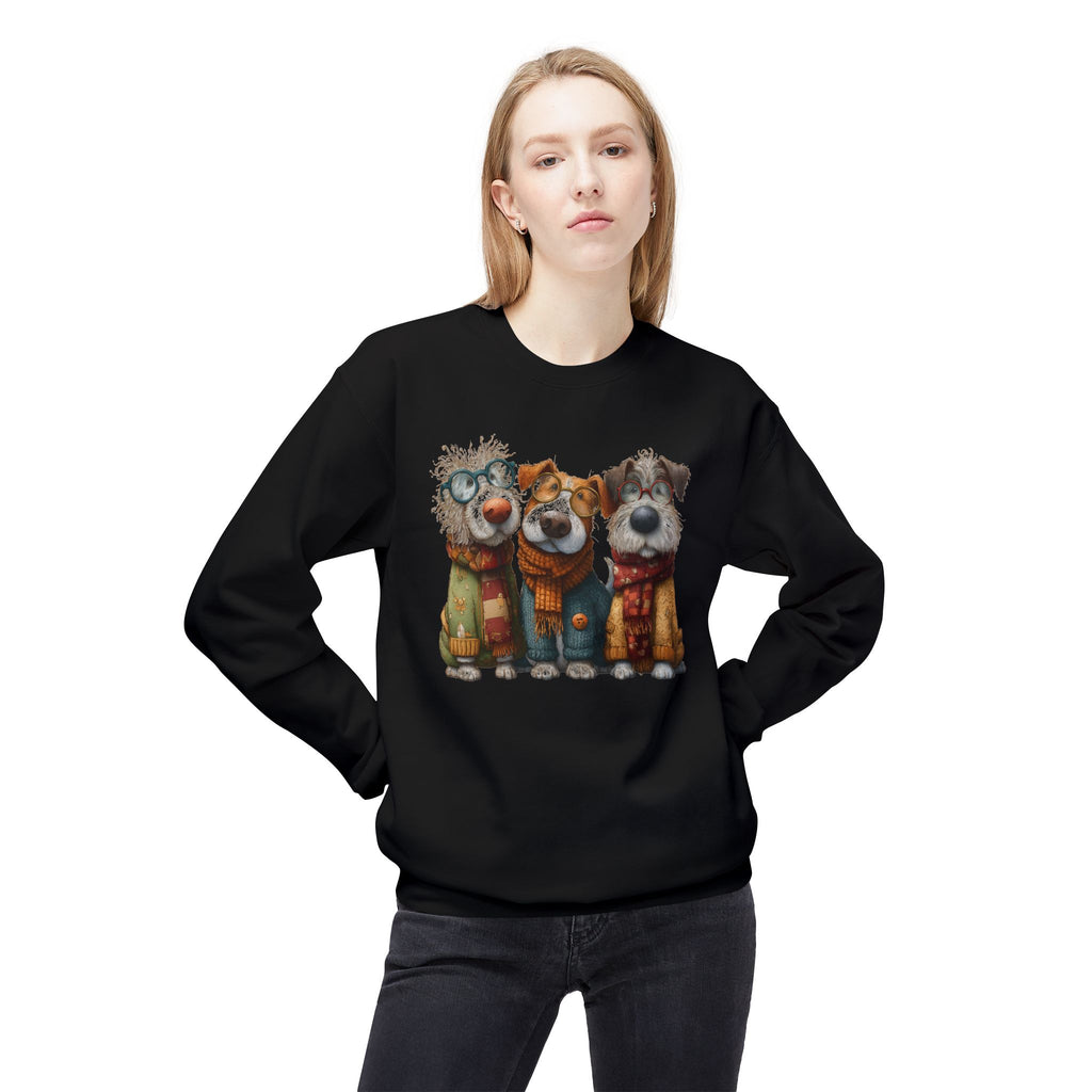 Three Cartoon Dogs in Scarves Sweatshirt | Cute Winter Pup Trio