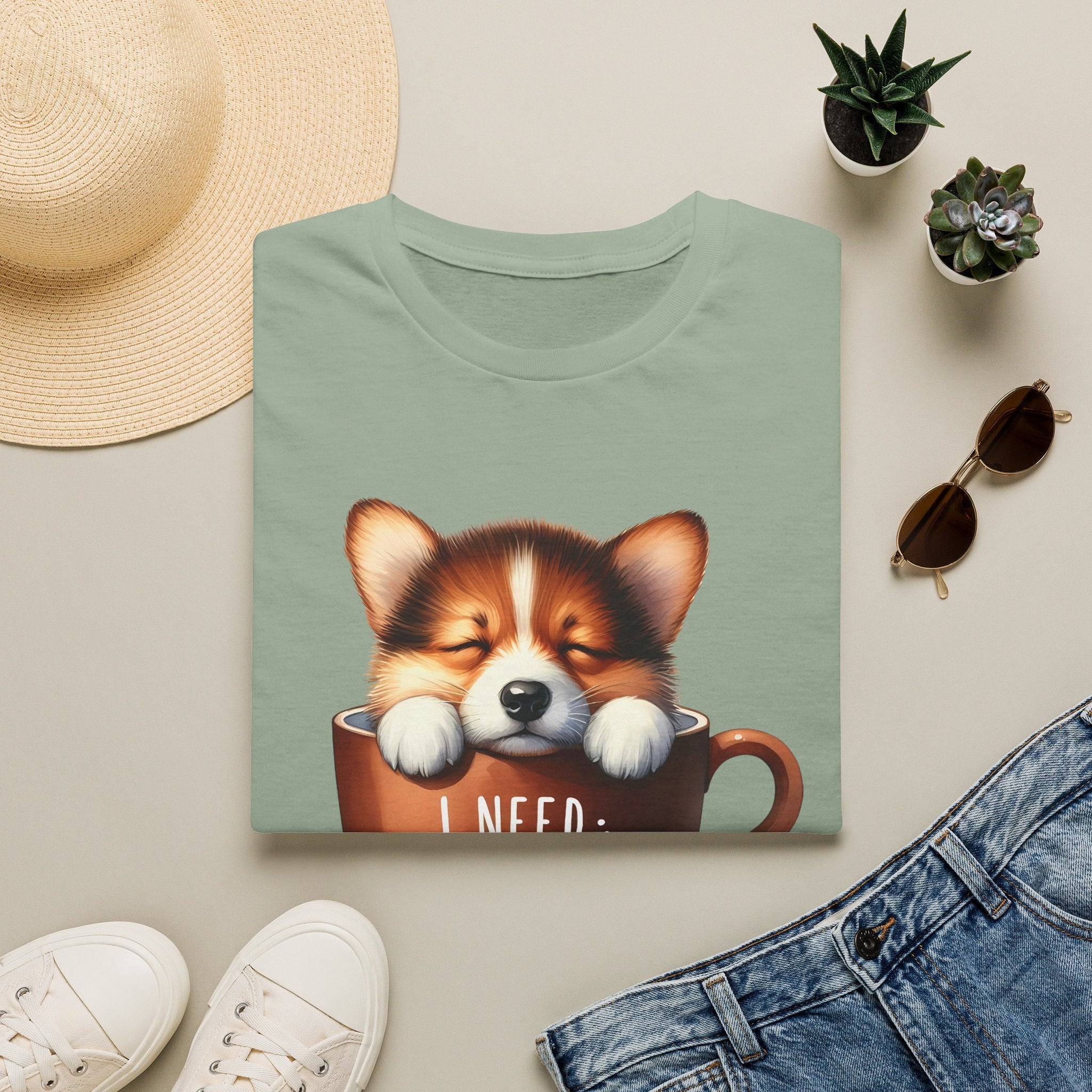Sleeping Puppy in Coffee Cup T-Shirt | I Need Coffee, Cute Corgi Mug