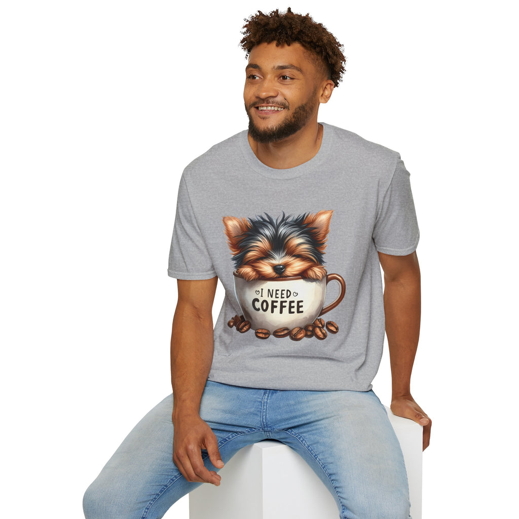 Cute Yorkie in Coffee Cup T-Shirt | I Need Coffee Puppy Graphic Tee