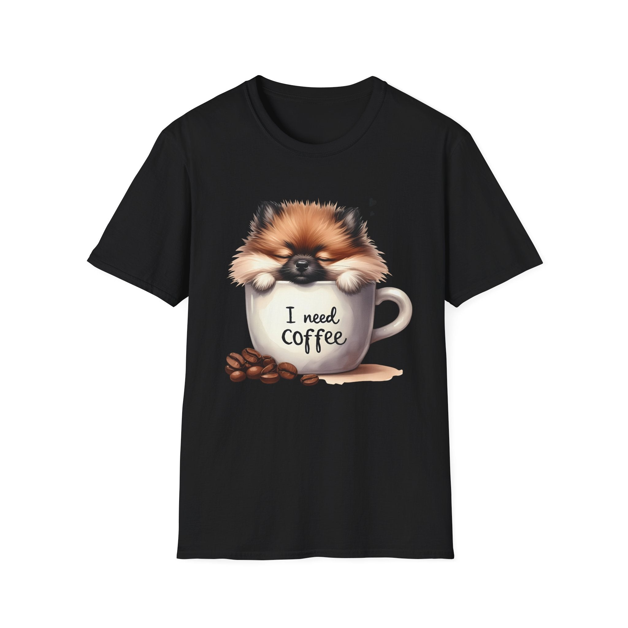Cute Pomeranian in Coffee Mug T-Shirt | I Need Coffee, Dog Coffee Tee