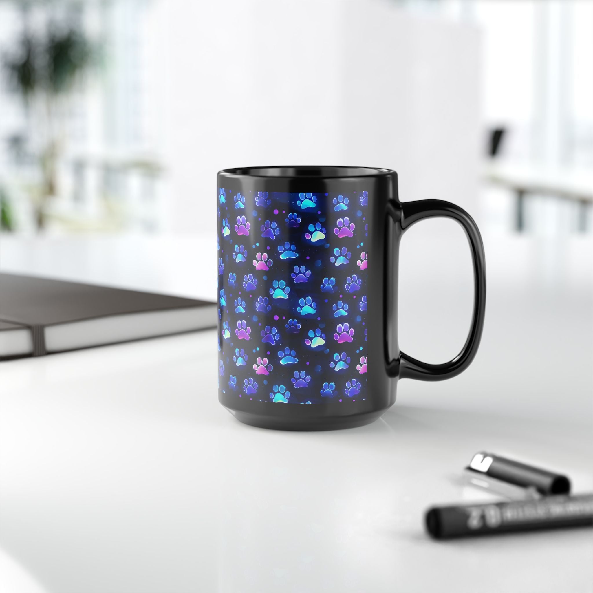 Neon Paw Print Pattern Mug | Black Ceramic 11oz or 15oz