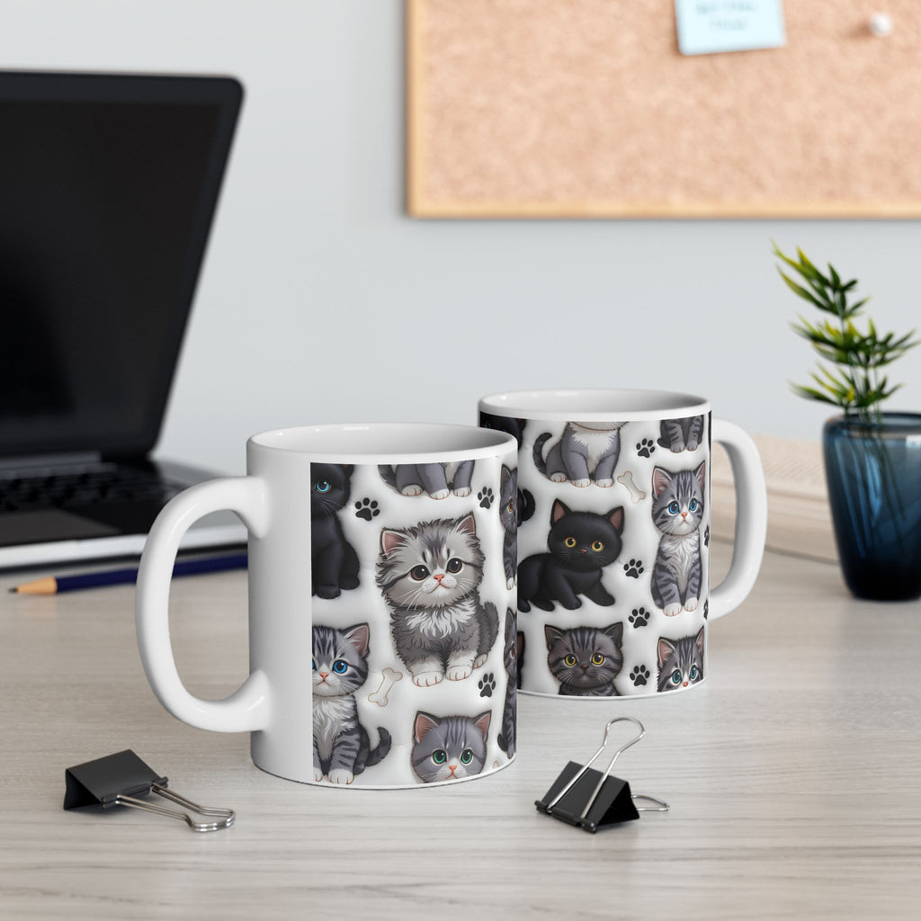 Cute Black and Tabby Kittens Mug | Ceramic Cat Pattern Mug