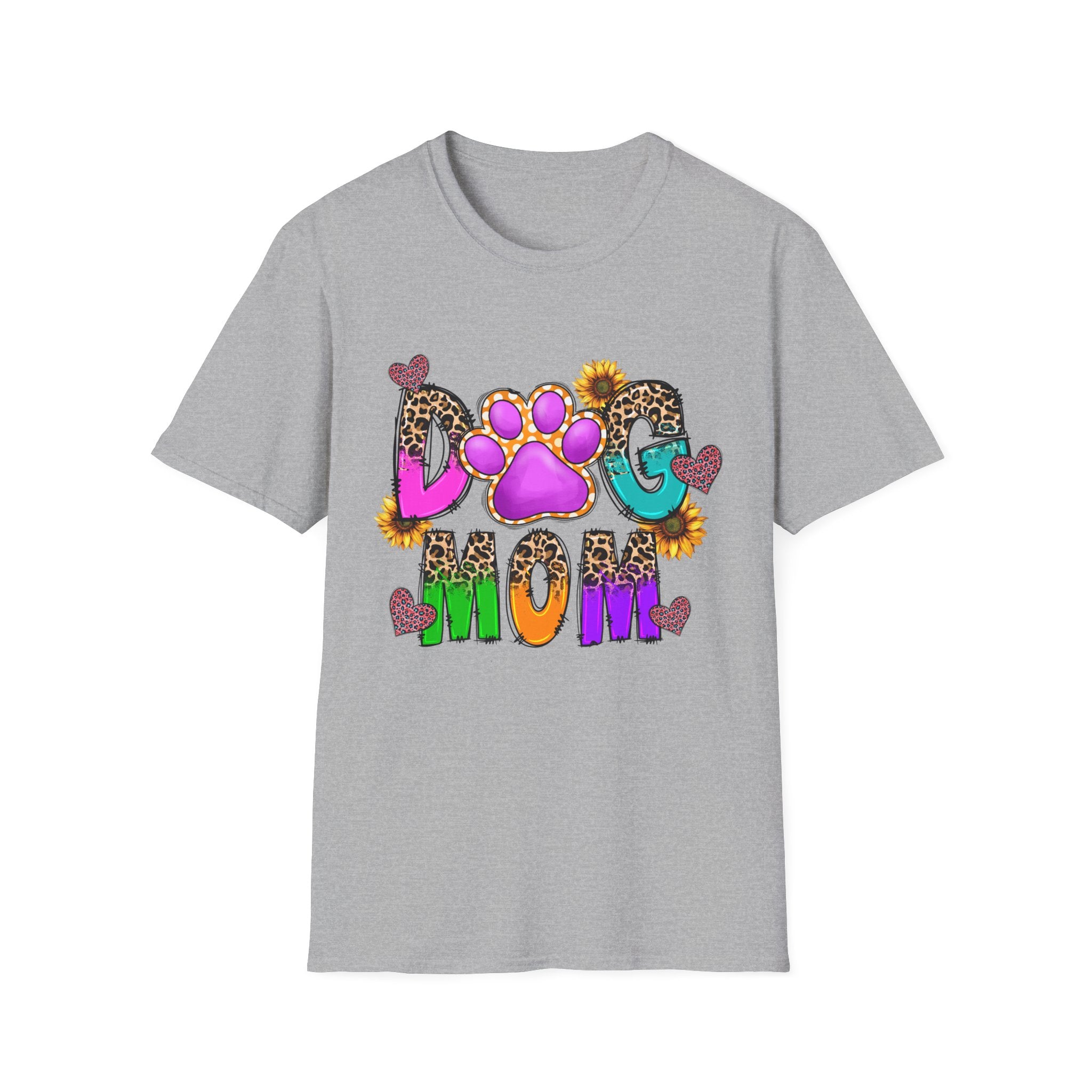 Dog Mom colorful paw print design T-Shirt | leopard hearts sunflower accents