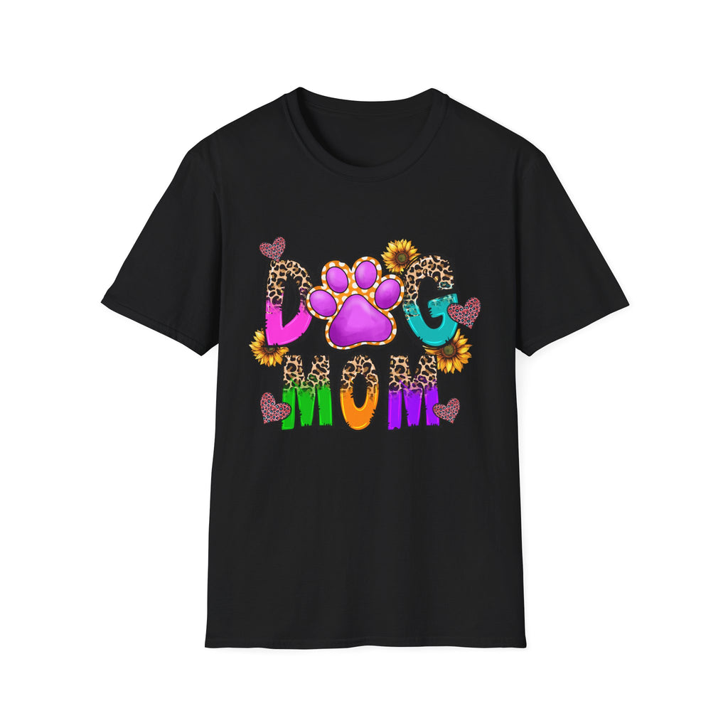 Dog Mom colorful paw print design T-Shirt | leopard hearts sunflower accents