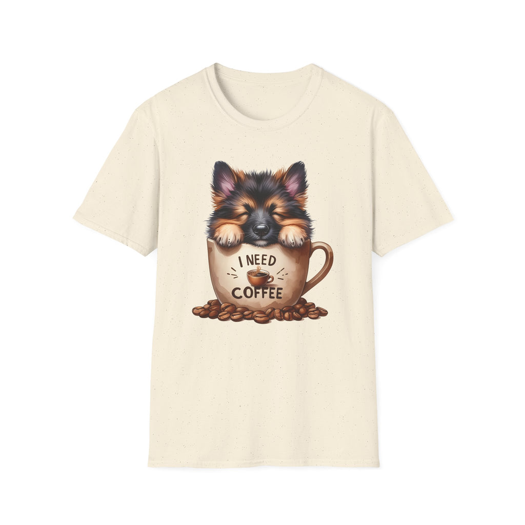 German Shepherd Puppy I Need Coffee T-Shirt | Cute Dog Coffee Design