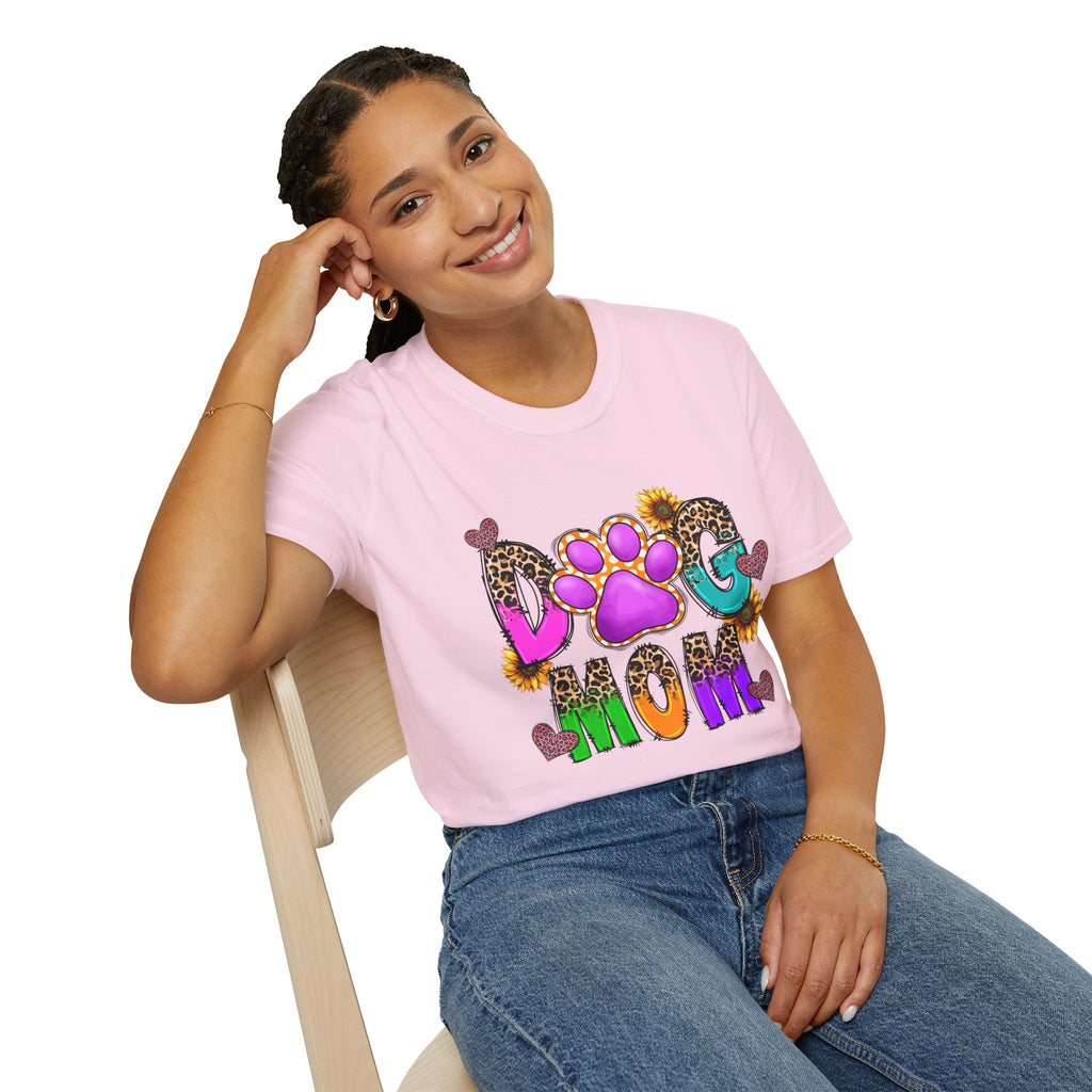 Dog Mom colorful paw print design T-Shirt | leopard hearts sunflower accents