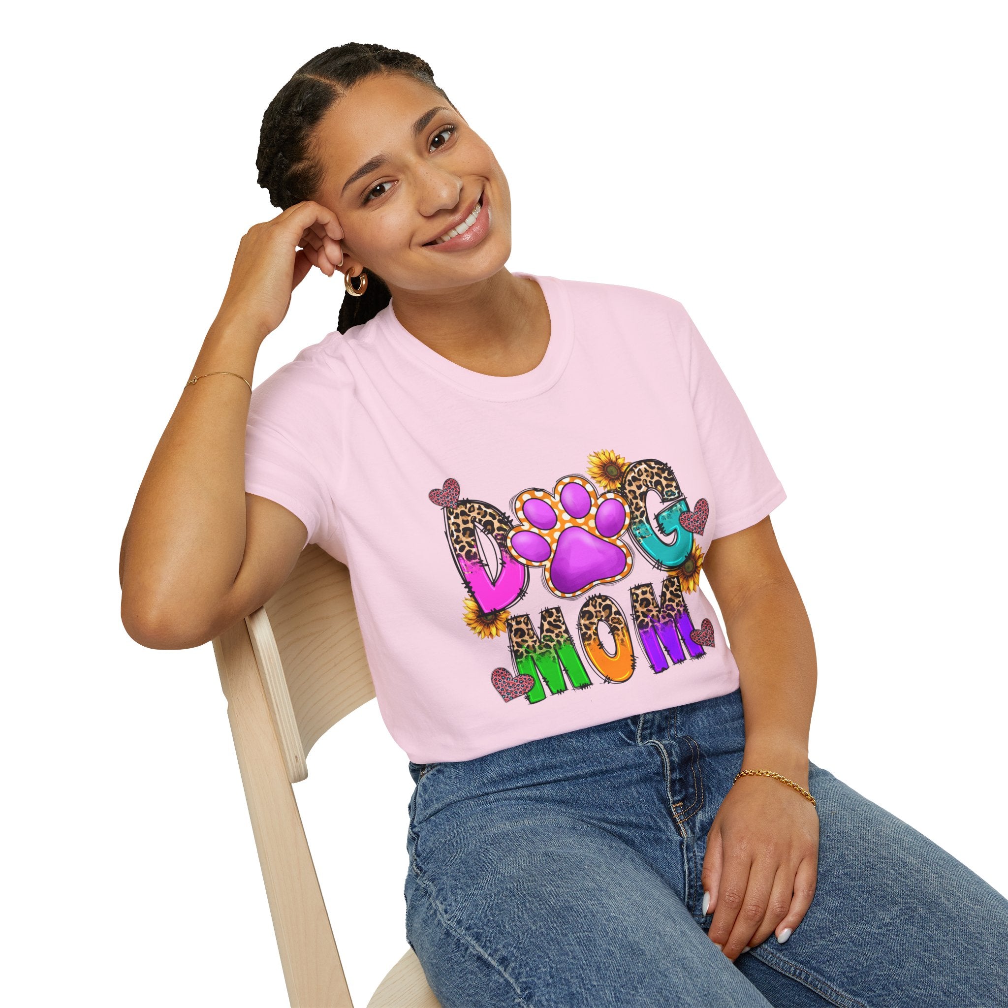 Dog Mom colorful paw print design T-Shirt | leopard hearts sunflower accents