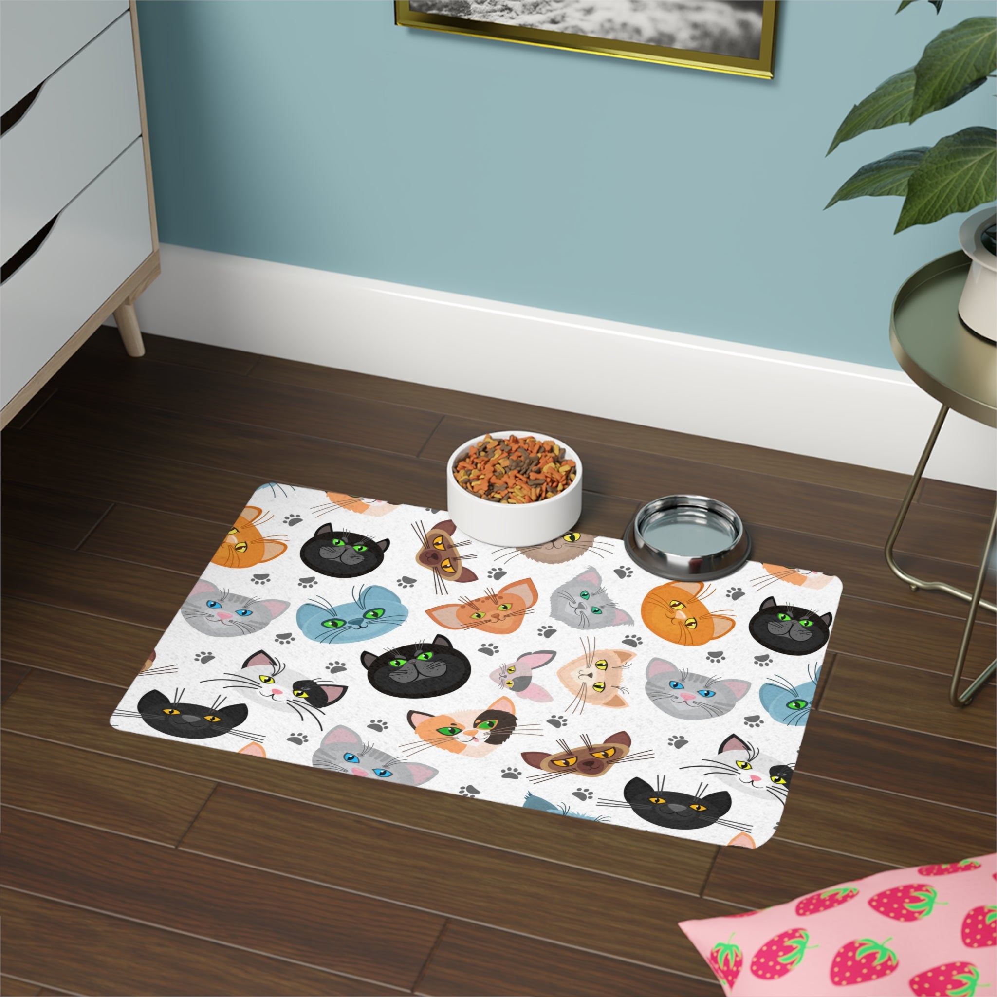 Colorful Cat Faces Pet Food Mat