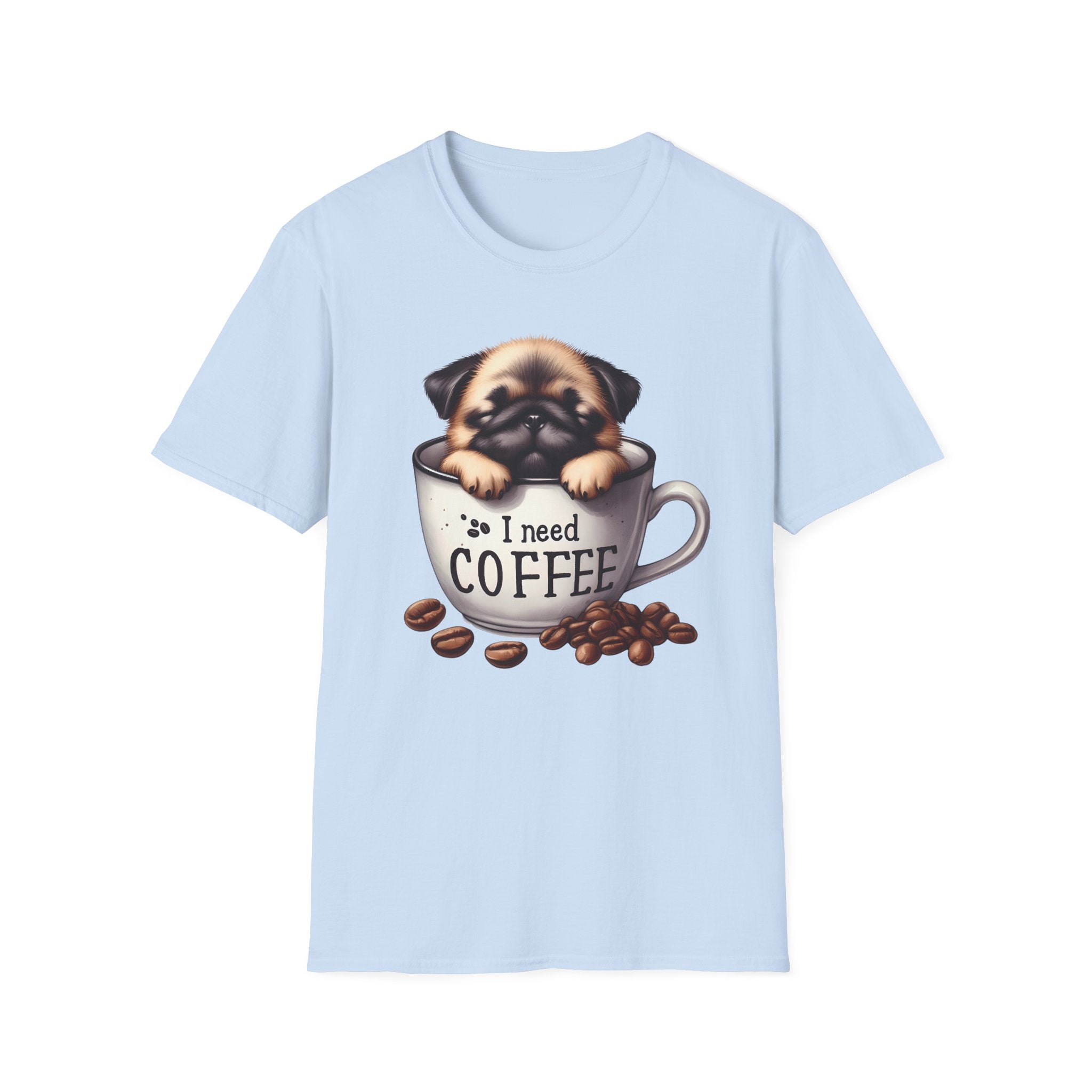 Puppy in Coffee Cup I Need Coffee T-Shirt | Cute Pug Coffee Tee