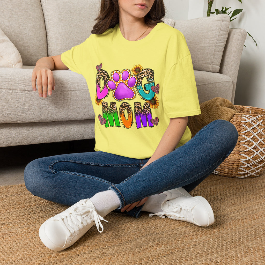 Dog Mom colorful paw print design T-Shirt | leopard hearts sunflower accents