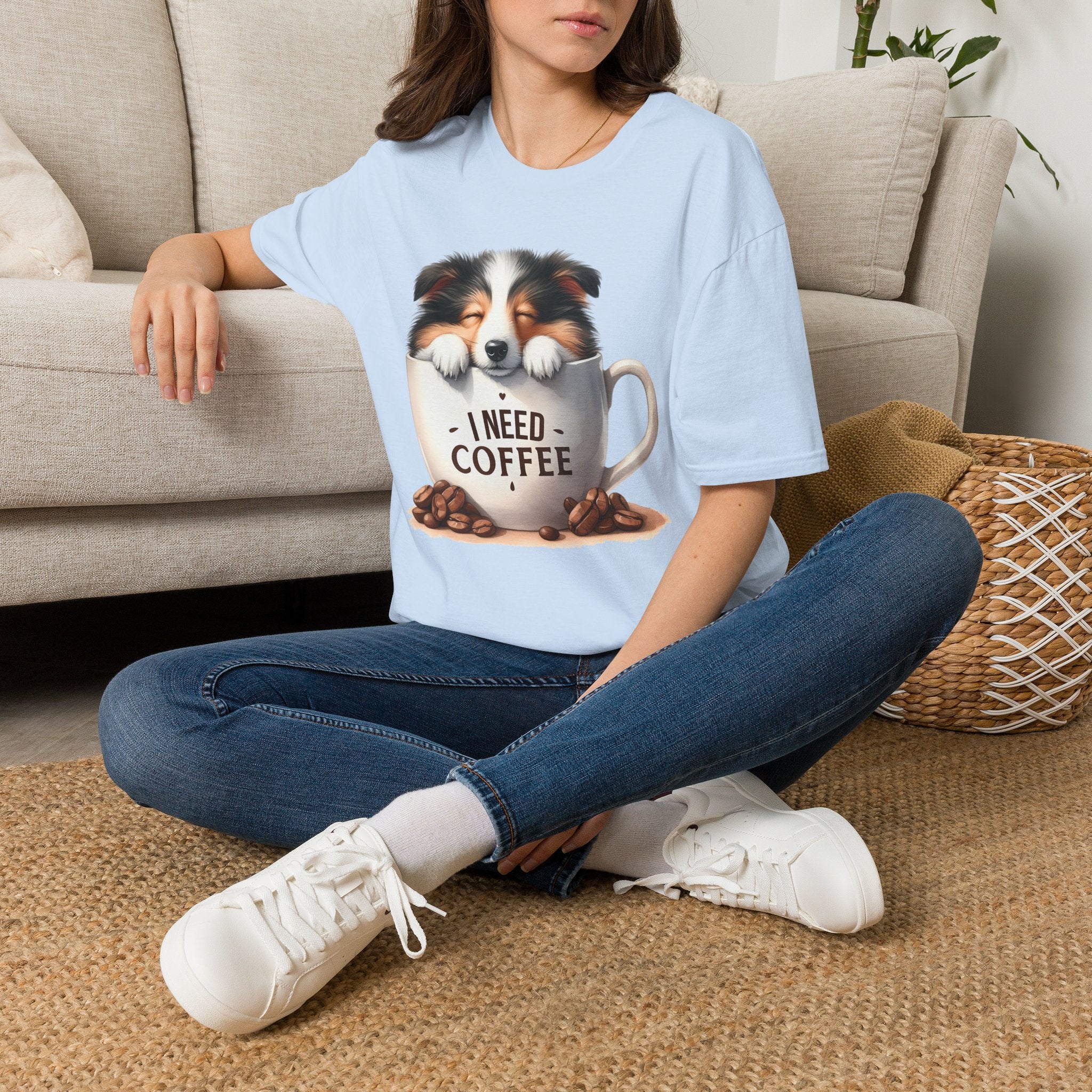 I Need Coffee Dog T-Shirt | Coffee Cup, Shetland Sheepdog Illustration