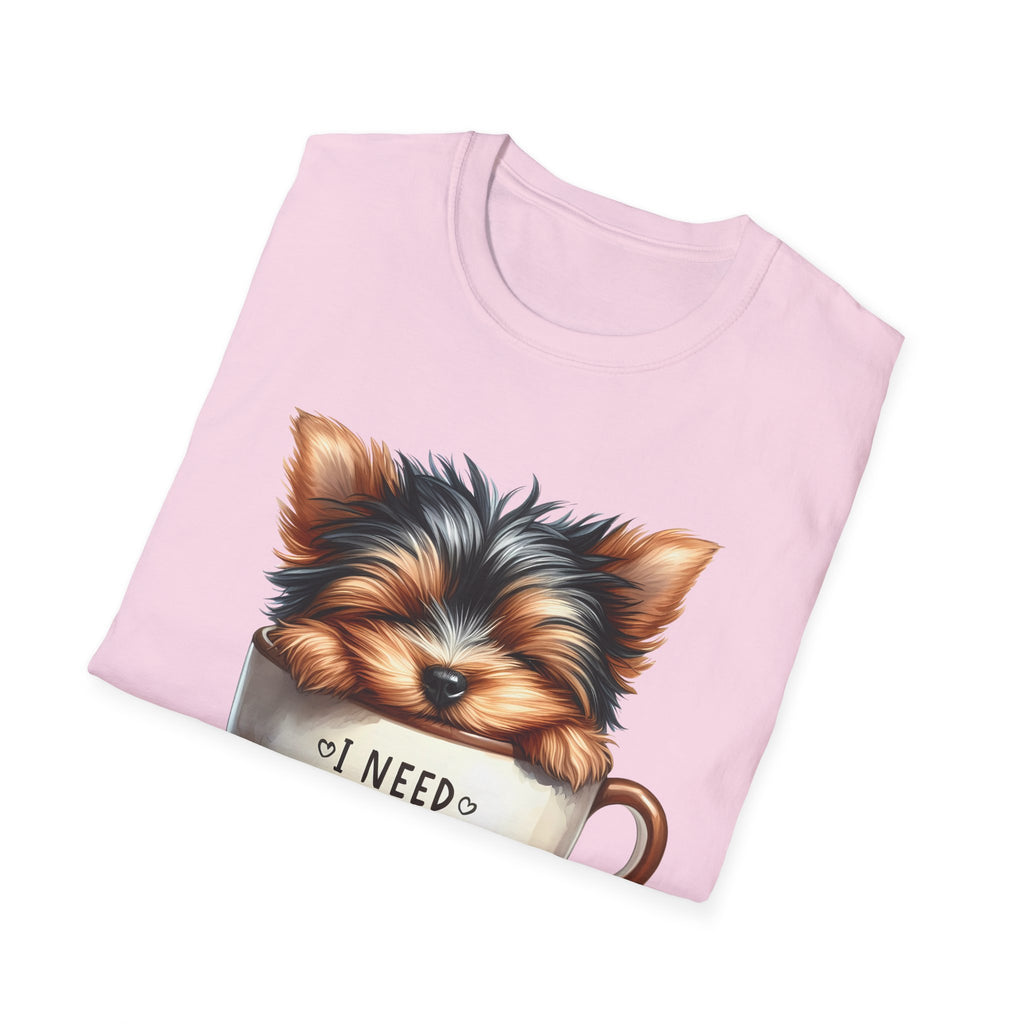 Cute Yorkie in Coffee Cup T-Shirt | I Need Coffee Puppy Graphic Tee