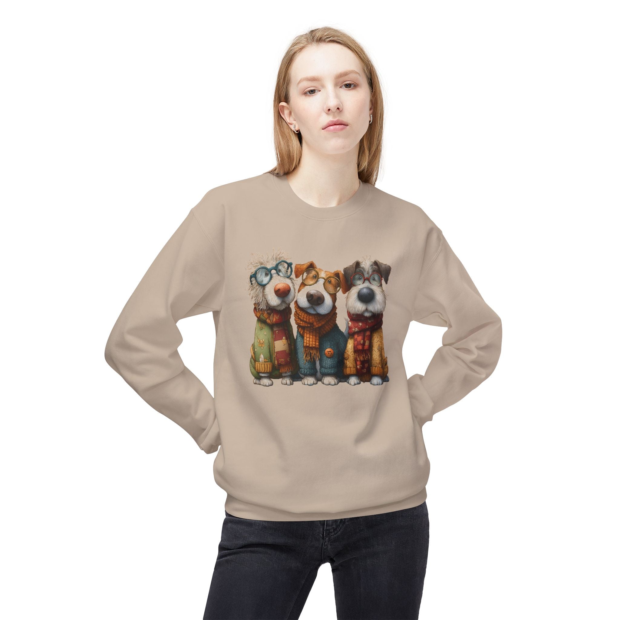 Three Cartoon Dogs in Scarves Sweatshirt | Cute Winter Pup Trio