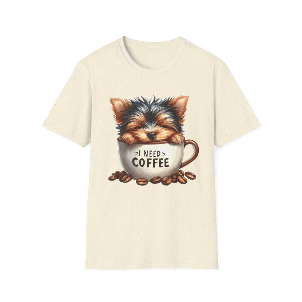 Cute Yorkie in Coffee Cup T-Shirt | I Need Coffee Puppy Graphic Tee