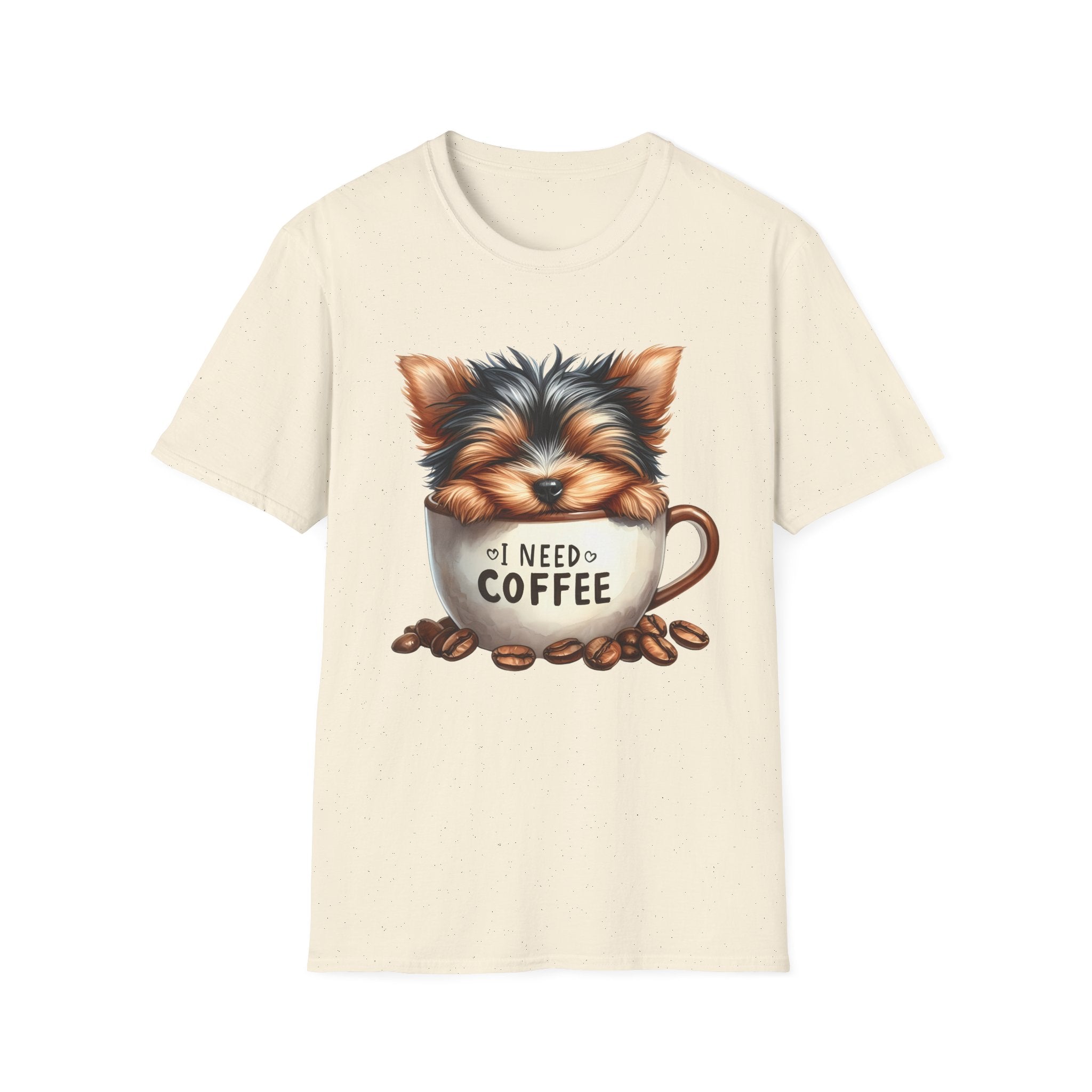 Cute Yorkie in Coffee Cup T-Shirt | I Need Coffee Puppy Graphic Tee