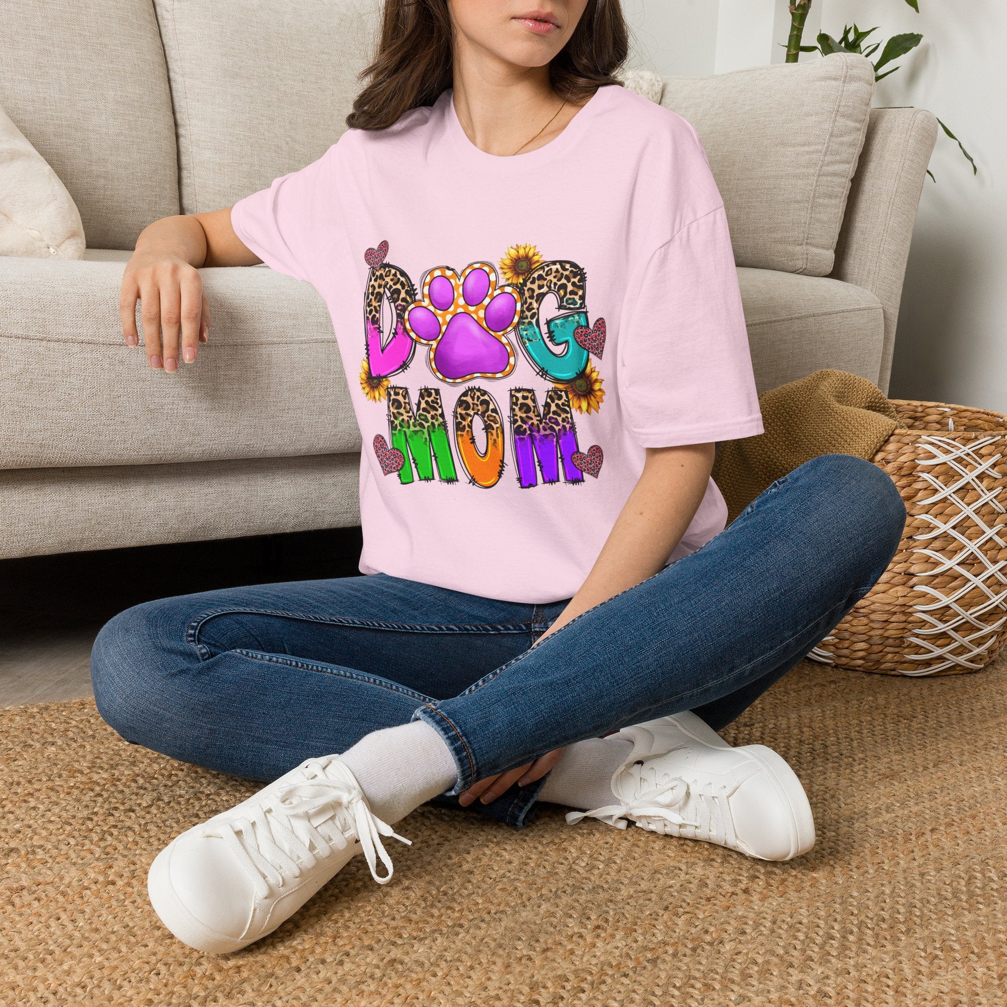 Dog Mom colorful paw print design T-Shirt | leopard hearts sunflower accents