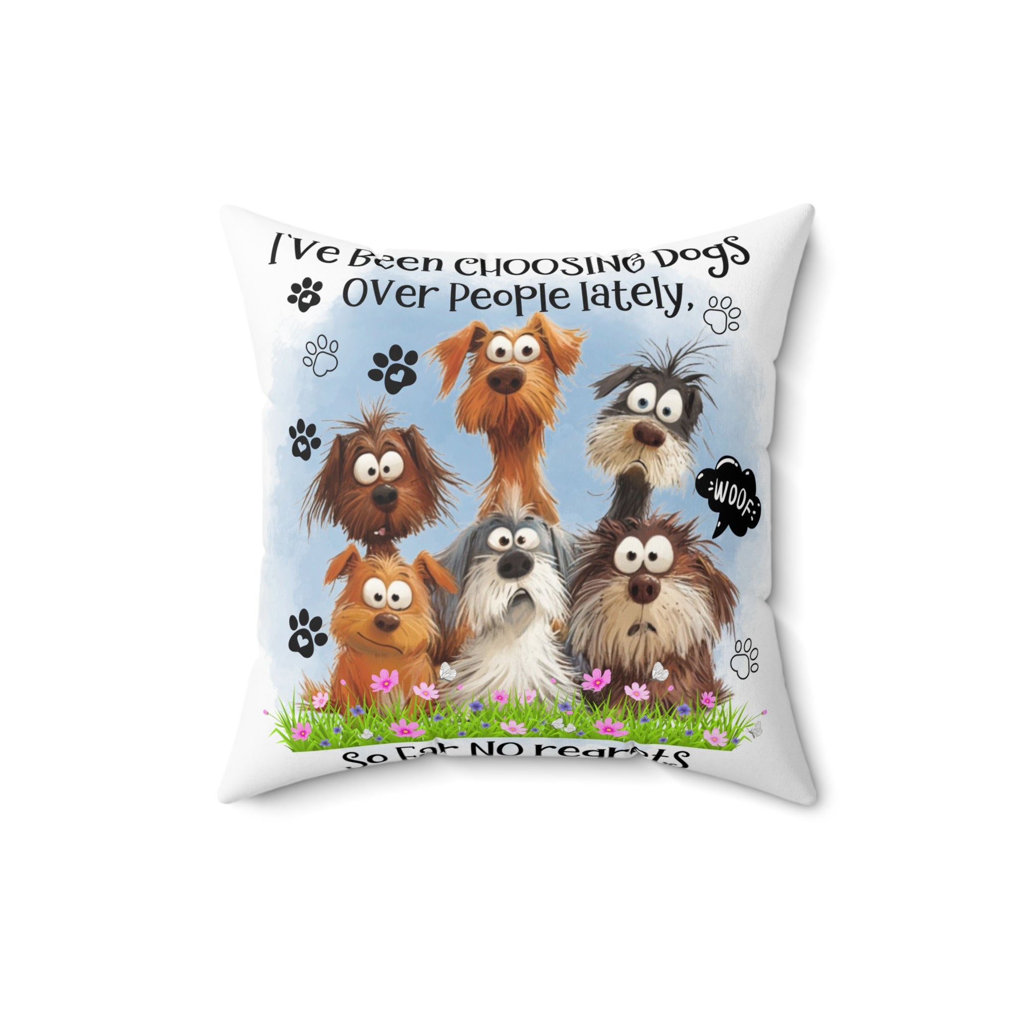 Funny Cartoon Dogs Spun Polyester Pillow | Cute Paw Print Throw Pillow