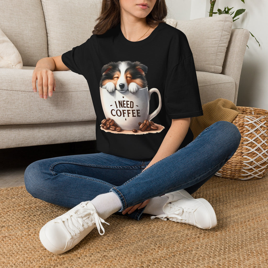 I Need Coffee Dog T-Shirt | Coffee Cup, Shetland Sheepdog Illustration