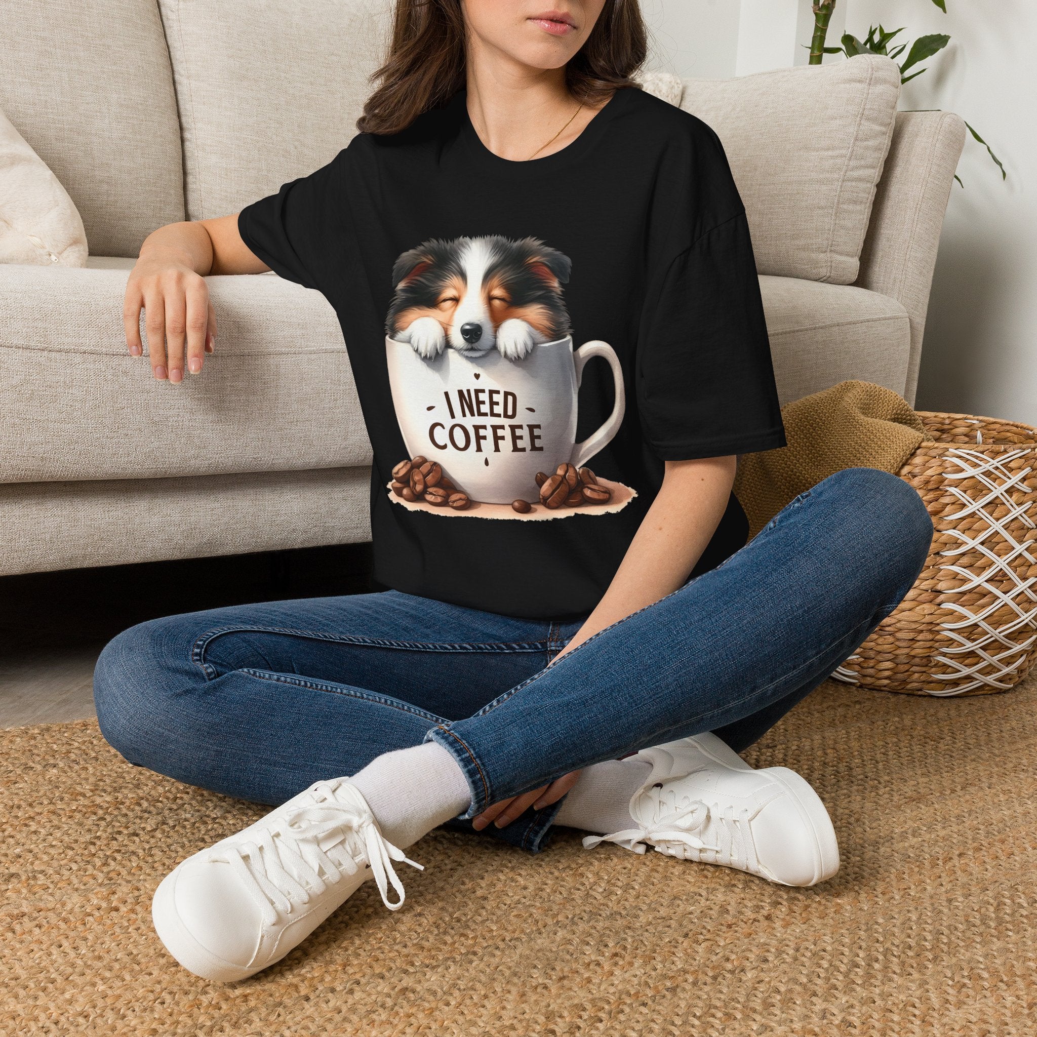 I Need Coffee Dog T-Shirt | Coffee Cup, Shetland Sheepdog Illustration
