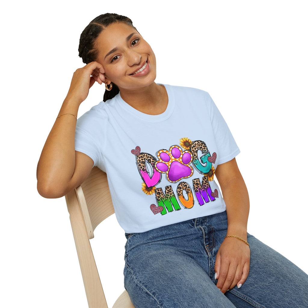 Dog Mom colorful paw print design T-Shirt | leopard hearts sunflower accents