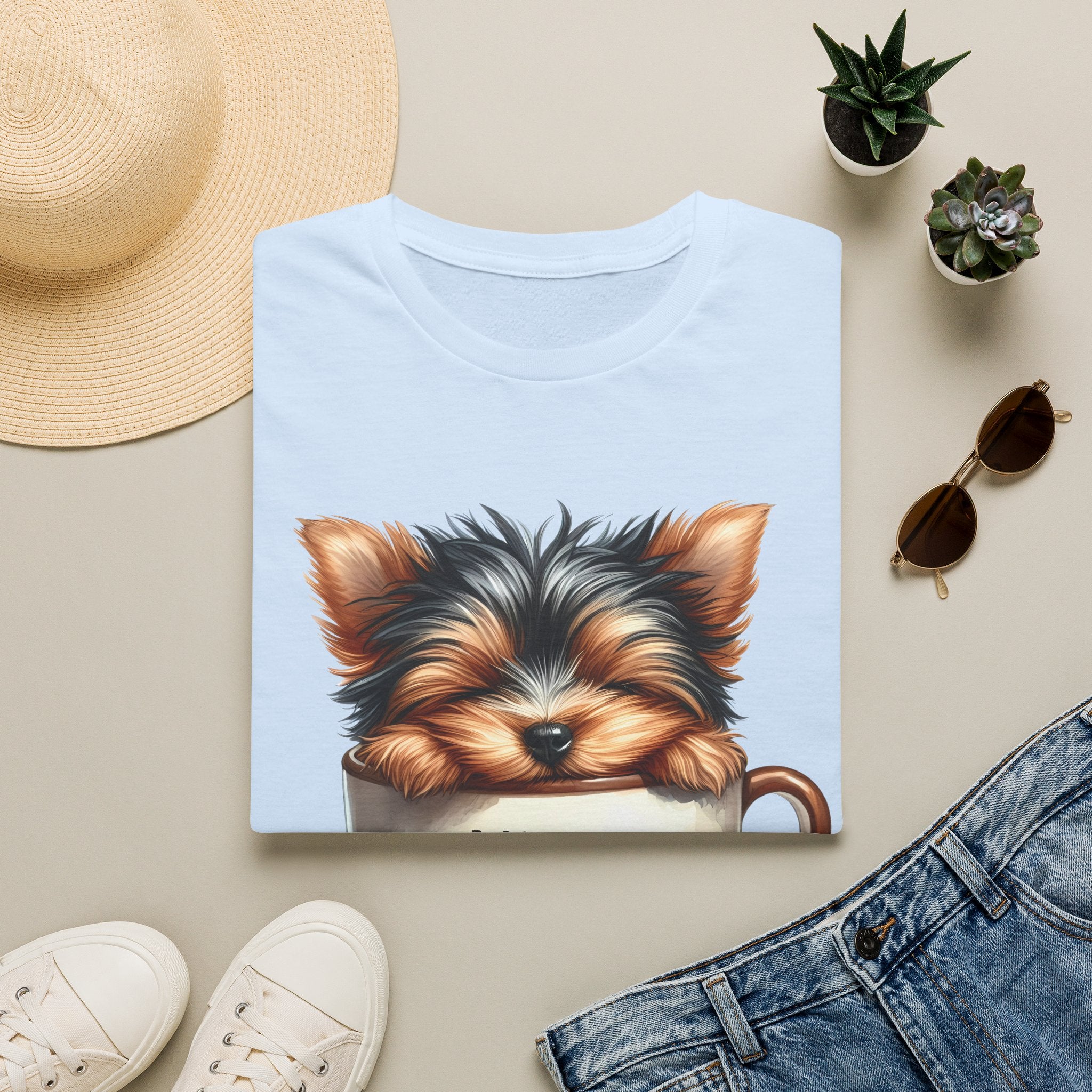 Cute Yorkie in Coffee Cup T-Shirt | I Need Coffee Puppy Graphic Tee