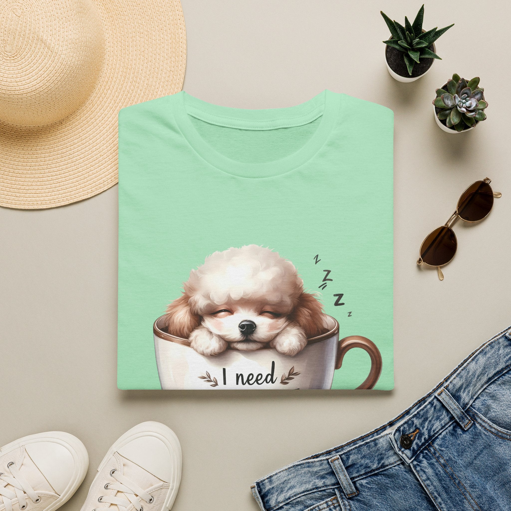Sleeping Puppy in Coffee Cup T-Shirt | I Need Coffee Dog Design